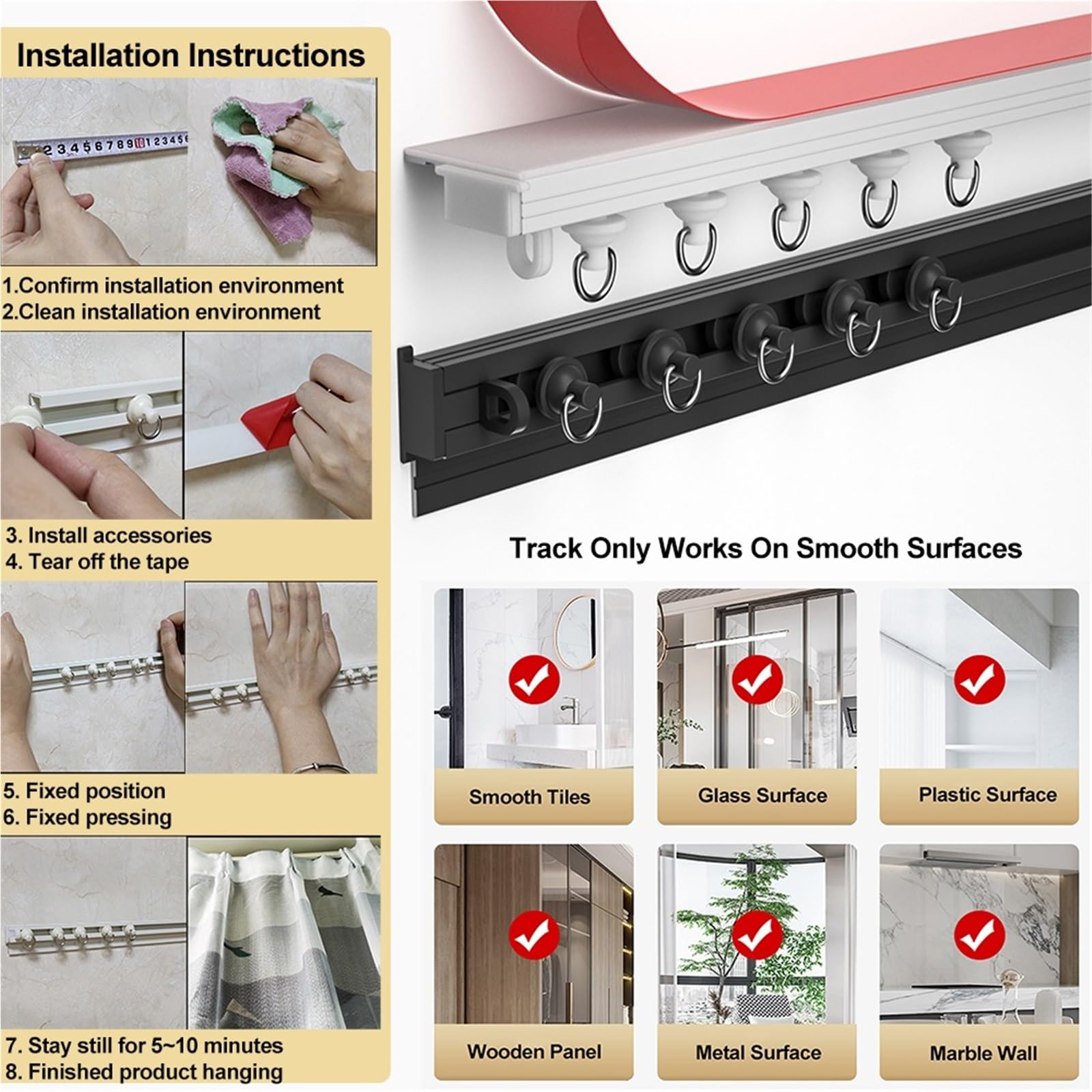 Ultradünne Deckenvorhangschiene, Raumteiler-Gardinenschiene, Mit Riemenscheiben | Endkappen | 90°-Eckbögen(White-1,240cm(2 * 120cm))