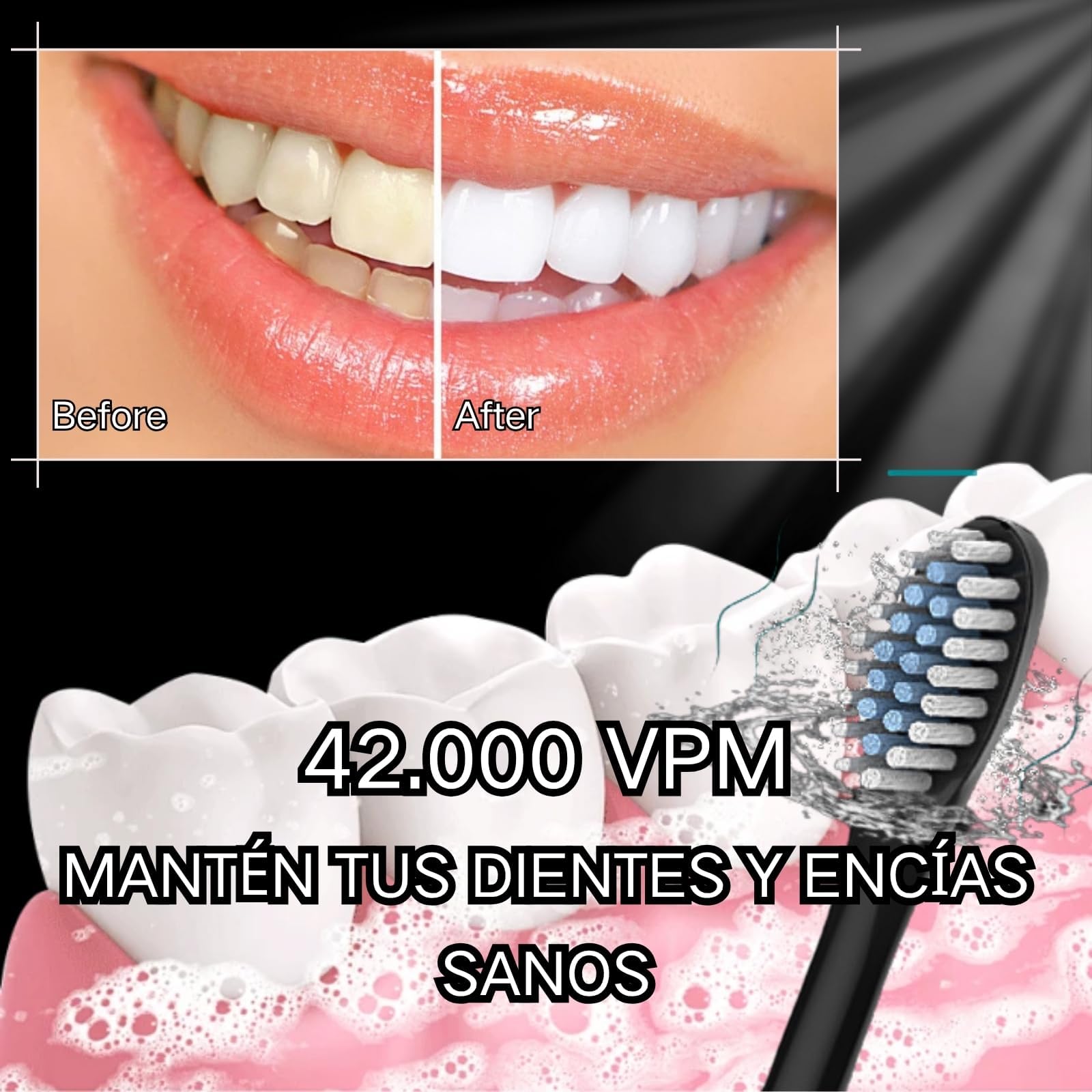 Cepillo Eléctrico de Dientes Recargable Portátil, 6 Modos Ajustables 4 Cabezas de Repuesto, Impermeable IPX7, Compatible con Adultos y Niños, Color Negro, Ideal para Hogar y Viaje