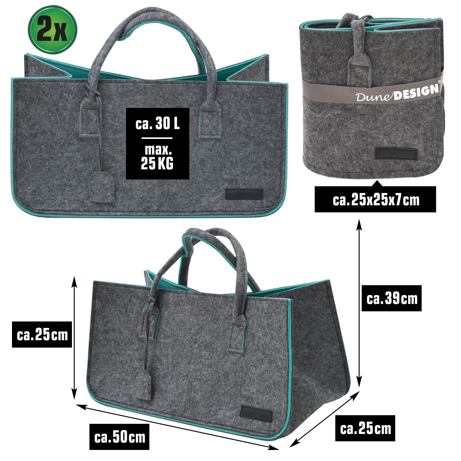 DuneDesign Set de 2: Bolsa de Fieltro hasta 25kg - 50x25x25 Cesta para Leña Interior - Cesta de Almacenaje Tote Bag Grande - Cesta Compra Bolsa Compra Plegable - Cesta Leña Chimenea Cesta para Pellets