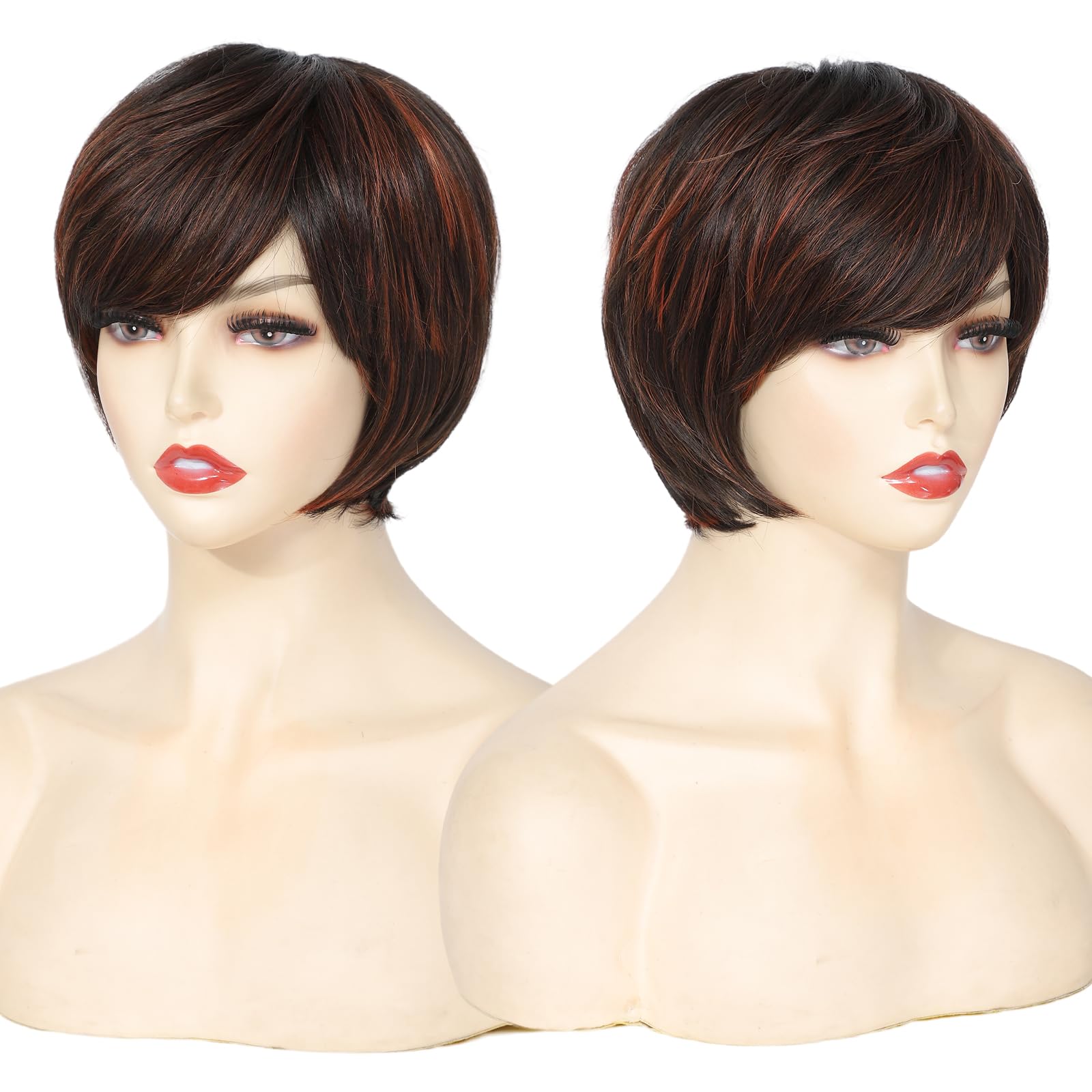 Yamel Orange Streaked Pixie Wig with Bangs for Daily Use or Cosplay Natural Straight Layered Synthetic Hair Short Wigs for Women Ladies - Image 2
