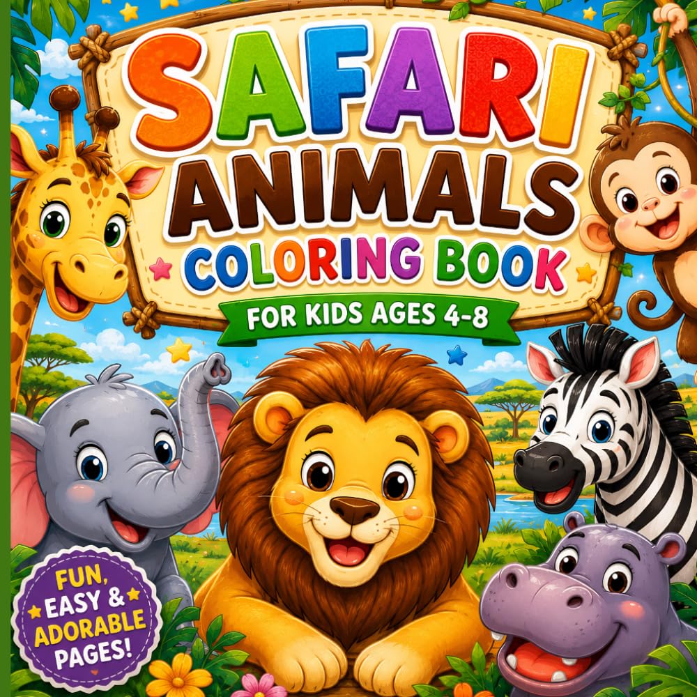 Safari Animals Coloring Book for Kids Ages 4–8: Fun & Easy Cute Animal Coloring Pages for Boys & Girls
