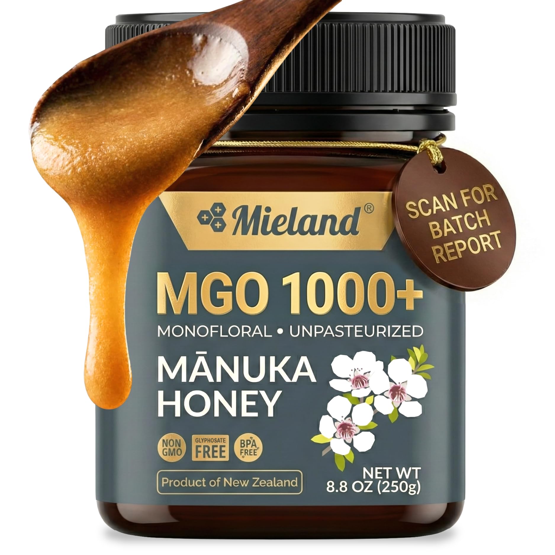 100% Certified Pure New Zealand Manuka Honey MGO 1000+ | Raw Unpasteurized Natural Honey | Fully Traceable, Non-GMO, Glyphosate Free, Lab Tested (250g)