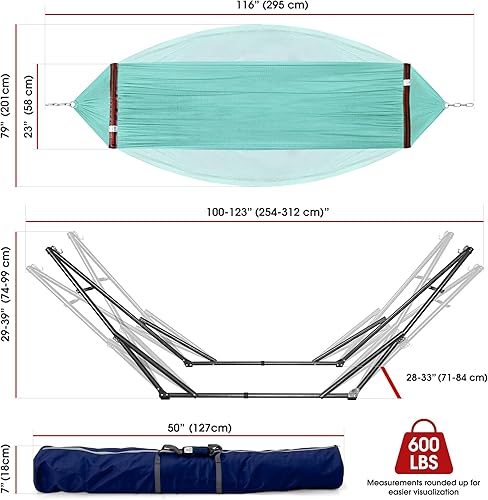 Miniatura 9 de Tranquillo Capacidad de 550 libras para 2 personas, instalación instantánea, sin necesidad de tornillos, hamaca doble portátil plegable con soporte