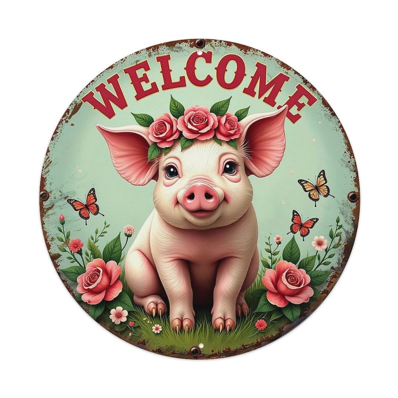 Welcome Pig Rose Butterfly Garden Round Tin Sign Vintage Metal Sign Home Bar Garden Indoor & Outdoor Wall Decor Retro Metal Poster 8x8 Inch