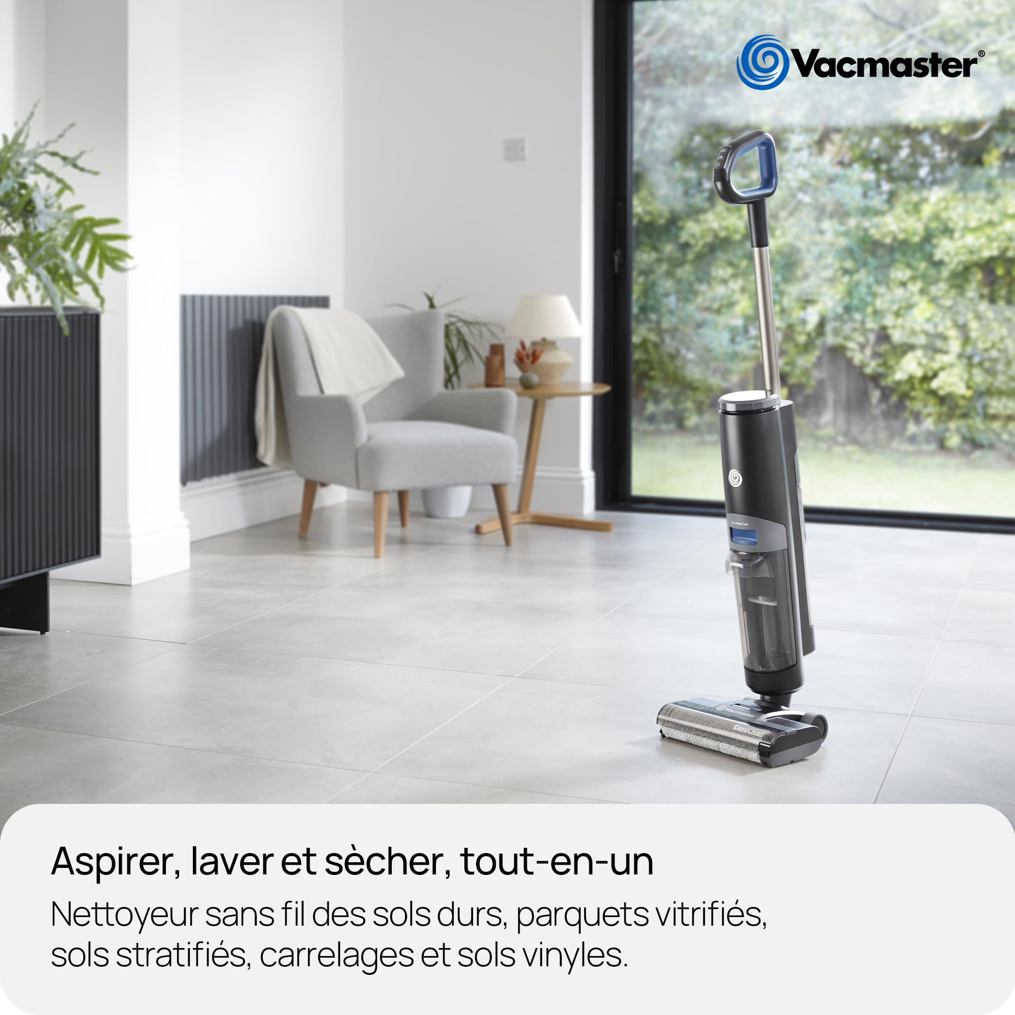 Vacmaster EasyClean 8 kPa HVA Aspirateur sans Fil Tout-en-Un et Balai serpillère pour Nettoyage Humide et Sec avec 3 Modes de Nettoyage, écran LED intuitif, Sortie vocale et Auto-Nettoyage