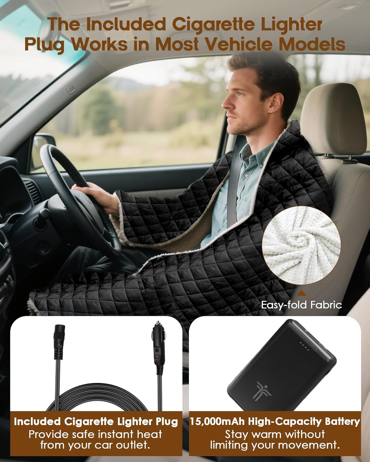 Battery Operated Heated Camping Blanket, 12V Portable Heated Cordless Blanket with 15000mAh Battery, Wearable Heating Throw Car Travel Blanket Indoor Outdoor (Black) - Image 3