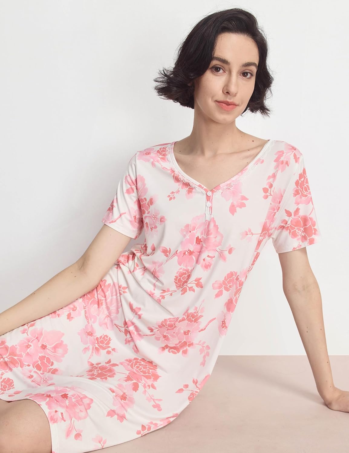 GYS Women's Nightgowns Bamboo Viscose Soft Comfy Short Sleeve V Neck Sleep Dress - Image 5