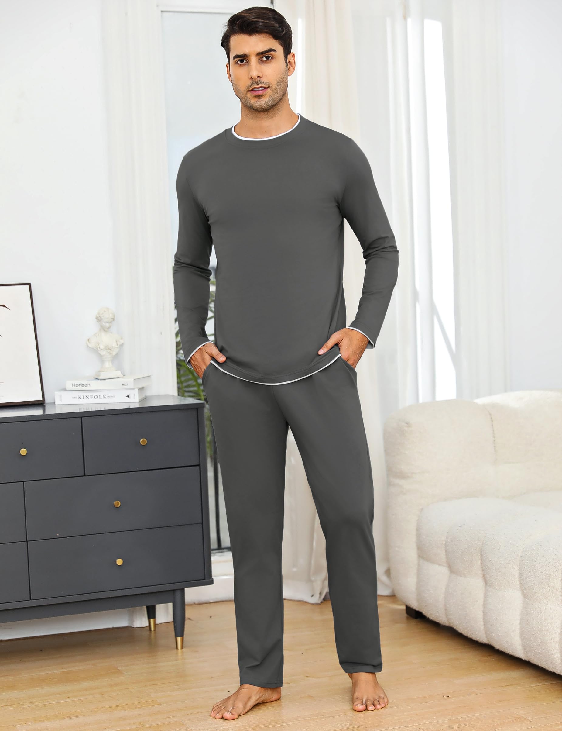 Aseniza Pigiama da Uomo Invernale, Pigiama a Maniche Lunghe in Cotone Semplice ed Elegante Pigiama Morbido Loungewear