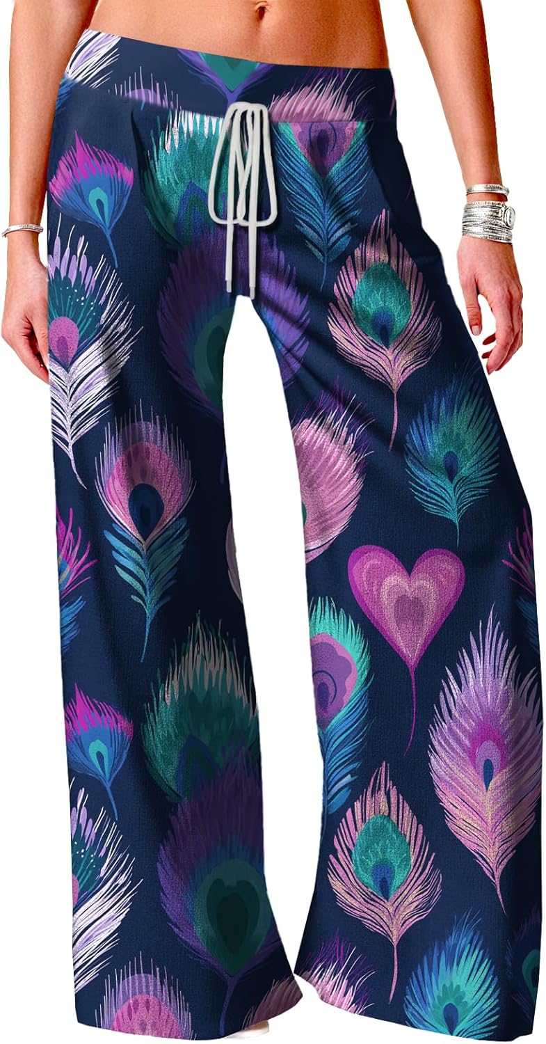 High Waist Pants for Women Casual Baggy Boho Floral Lounge Trousers Lightweight Stretchy Sweatpants with Pockets