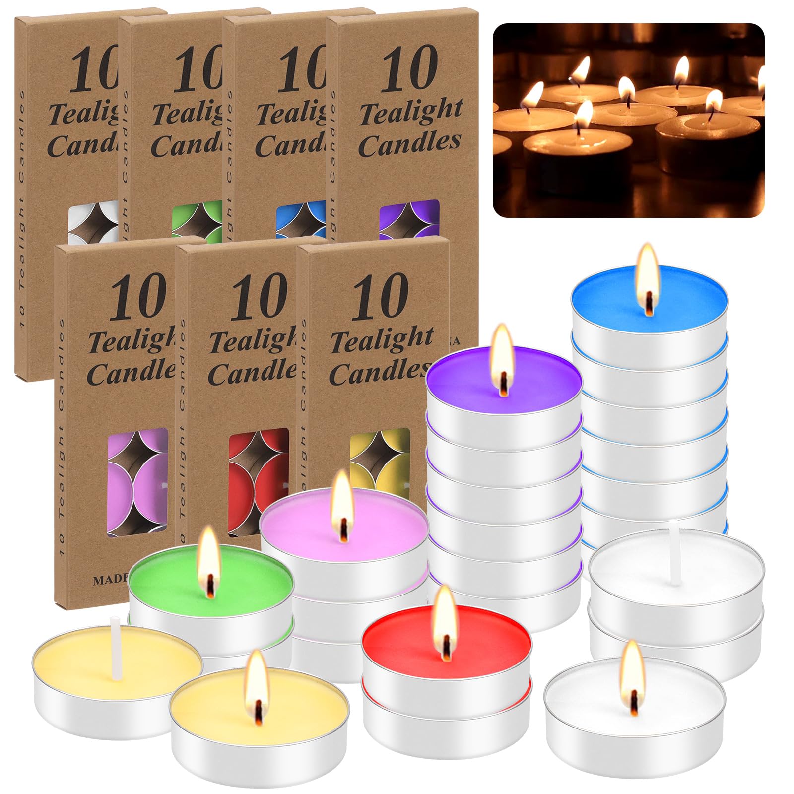 Tanstic 70Pcs Tea Lights Candles, 7 Colors Tealight Candles Aluminum Cup, Tea Cup Candles Bulk, Smokeless Dripless Unscented Candles Tea Candles for Weddings, Wax Melt, Home Decorations Tea Light Candles