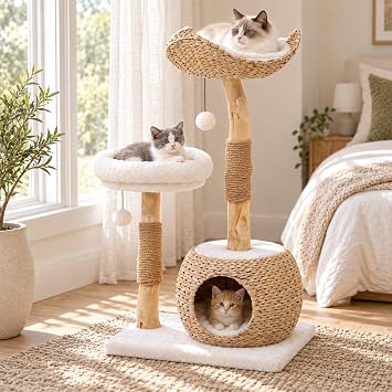 41 Mau Cat Tree Tower for Indoor Cats, Modern Cat Tree Real Wood Cat Condo with Scratching Post, Jumping Platforms, Hanging Toy Ball for Multi-Cat Households