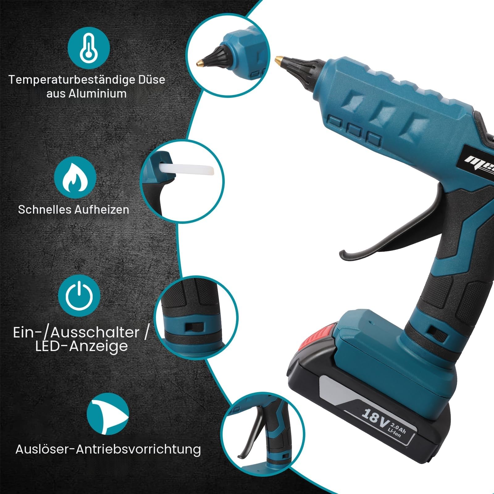 Mellif Akku Heißklebepistole für Bosch professional 18V Akku wie GBA/GBA ProCORE, kabellos Heißklebepistole Akku,45s schnell Aufheizung Klebepistole mit 20PCS Klebestifte, ideal für DIY(KEIN Akku)