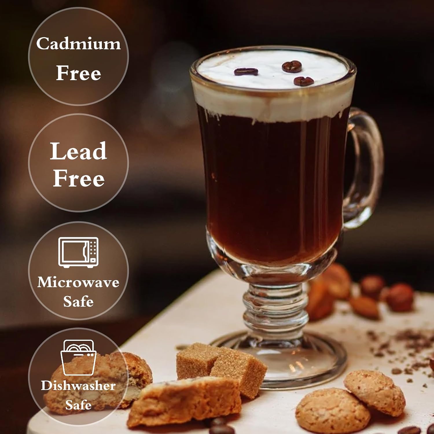 Set of 6 Irish Coffee Mugs, 8.5 Oz Irish Coffee Glasses with Handle & Footed Stem Base, Clear Glass Mugs Espresso Glass Cups for Hot Cold Beverages, Tea, Latte, Cappuccino, Smoothie - Image 2