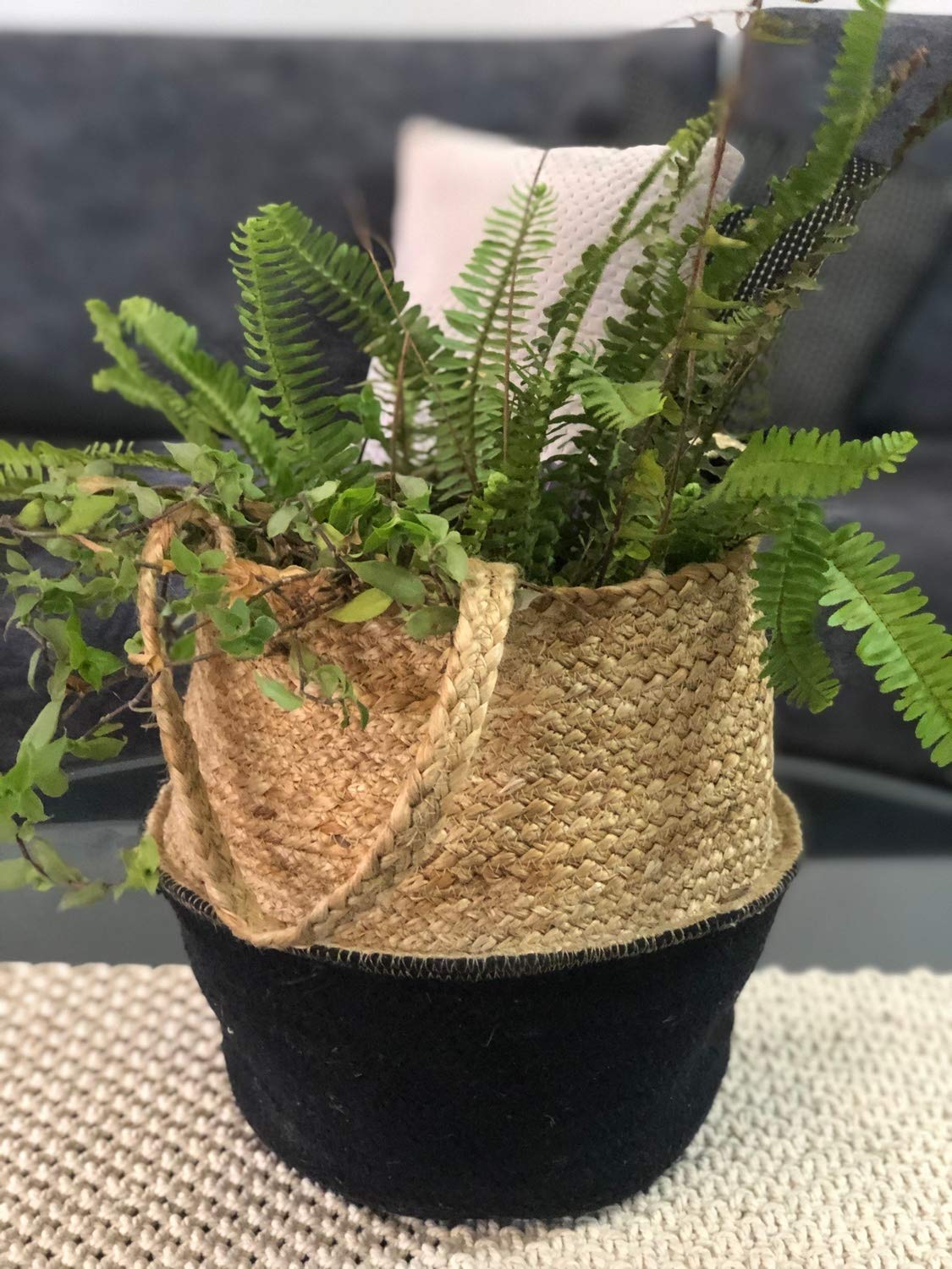 pepme Home Jute Cotton Belly Shape Basket, Planter Pot Cover Bag, Woven Storage Organizer Bag (12x12 inch, Black) (B08LDS1DDC) Amazon Price History, Amazon Price Tracker