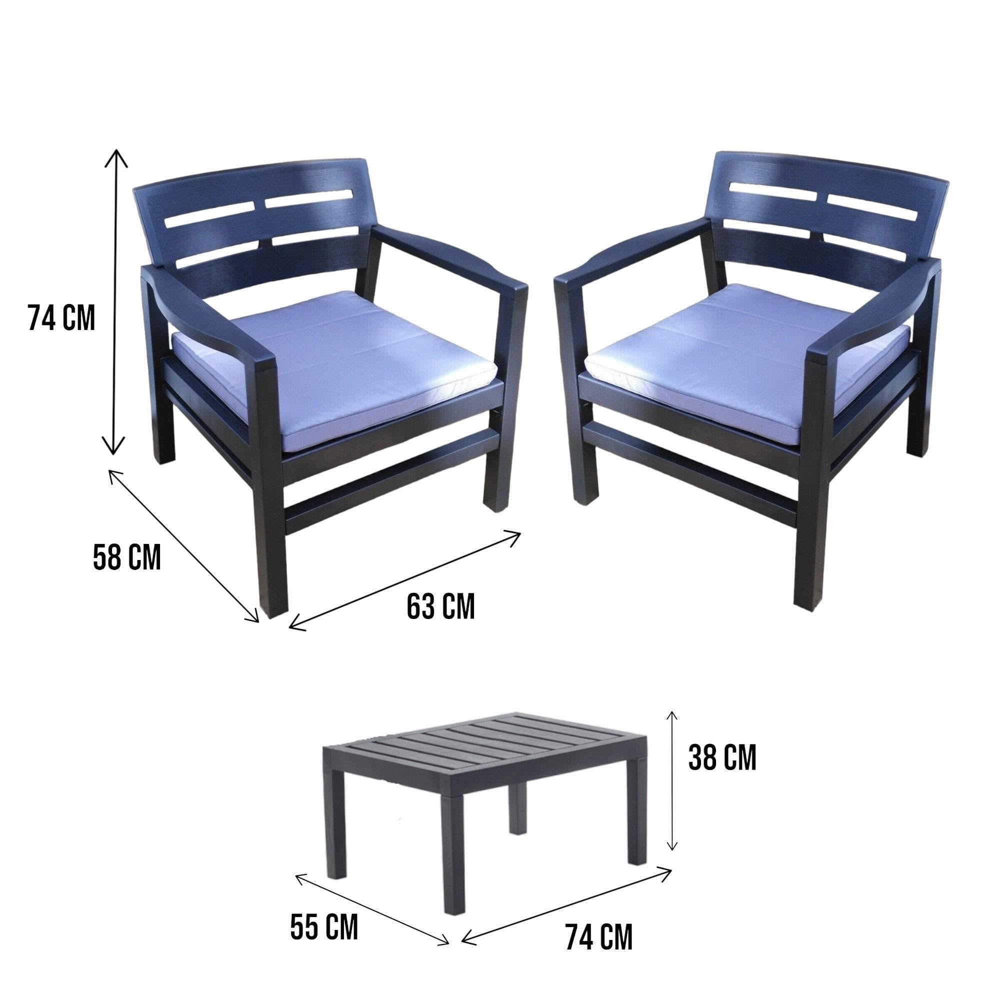 Dmora - Set Salotto da Esterno Benevento, Composizione da Giardino con 2 poltrone e 1 tavolino, Salottino Indoor e Outdoor con Cuscini, 100% Made in Italy, Antracite