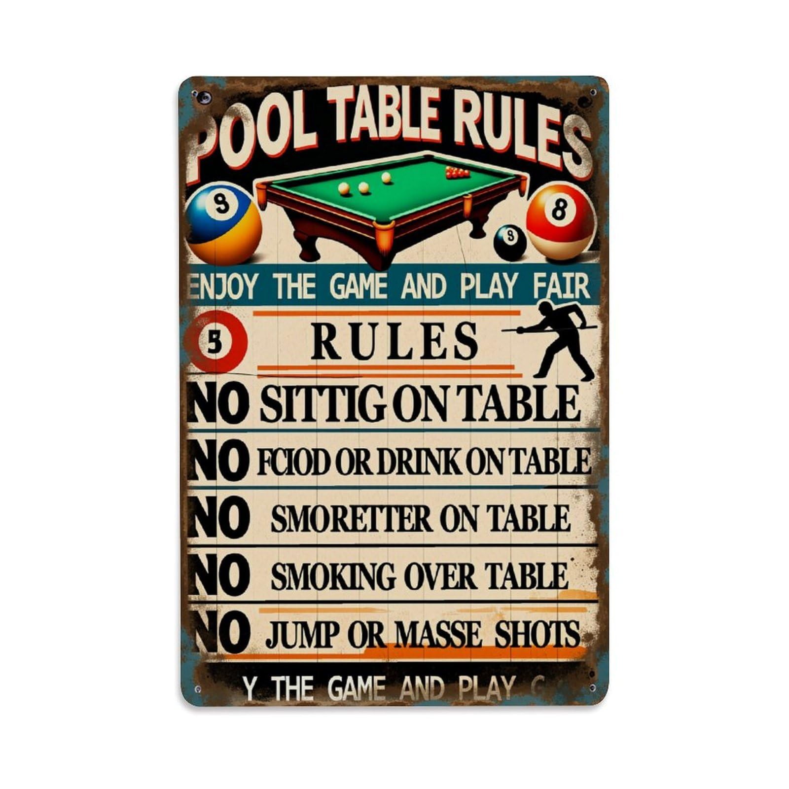 Jdyaojiesheng Vintage Pool Table Rules Sign Tin Sign Retro Metal Wall Decor Metal Poster, Home Bar Garage Farmhouse Cafe Wall Art Decoration 8X12inches
