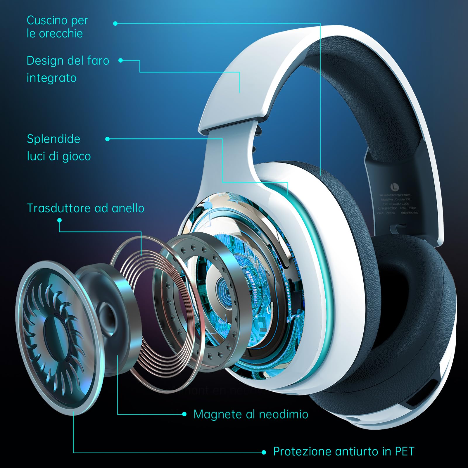 Cuffie Gaming Wireless 2,4 GHz per PC, PS4, PS5, Mac, Switch - Bluetooth 5.2 Con Microfono Staccabile - Jack Audio 3.5 mm per Cuffie Cablate