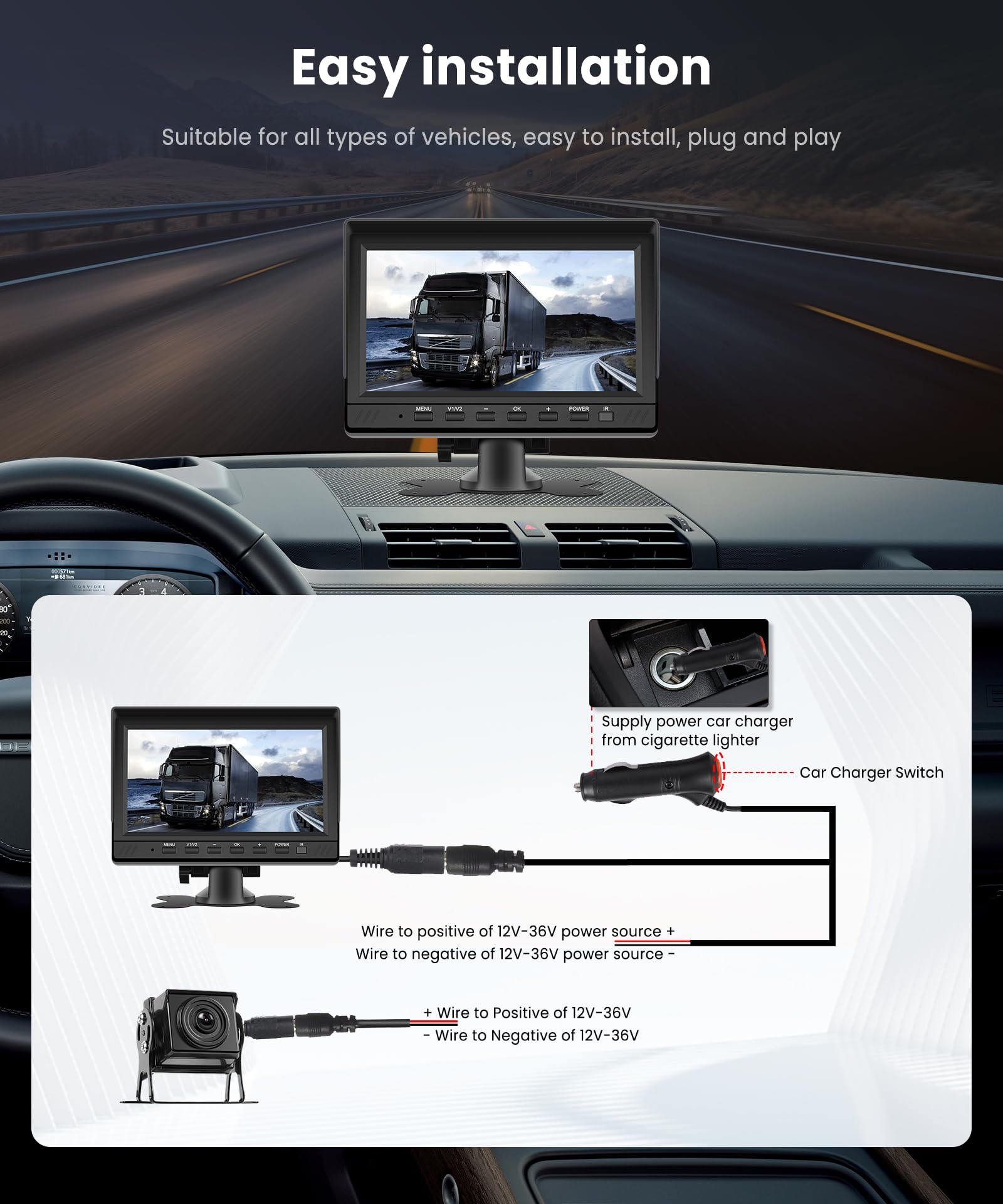 VECHTEL 2*Rückfahrkamerakabel mit 7"-Monitor, Einparkhilfe, 18-LED-Rückfahrkamera, Nachtsicht/IP68 wasserdicht für SUVs, Loop-Videoaufzeichnung mit 64-GB-SD-Karte, 12–24 V DC