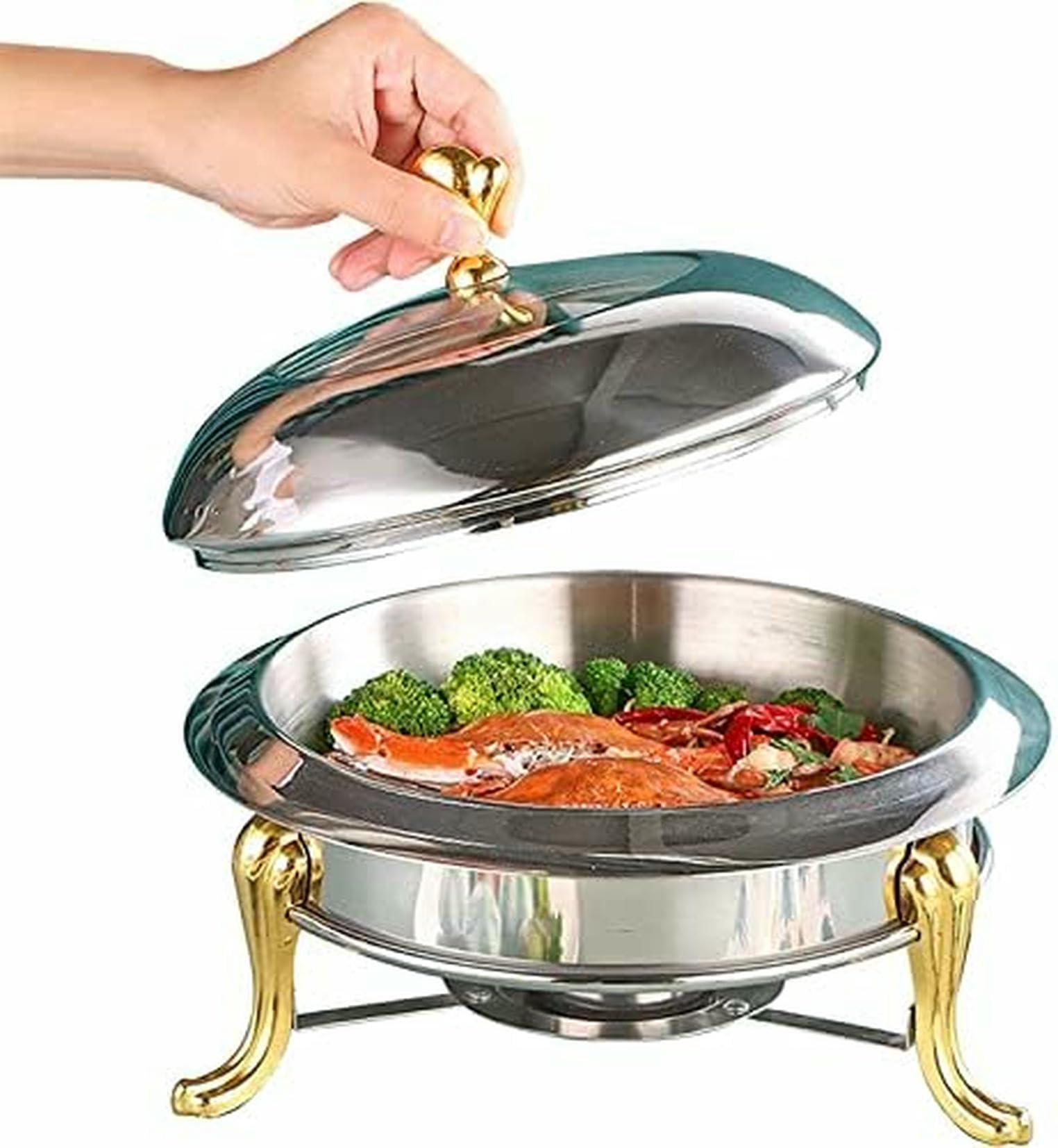 Bandeja de acero inoxidable para servicio de buffet para alimentos con estufa de alcohol y tapa, ideal para catering comercial, eventos y fiestas, 24 cm