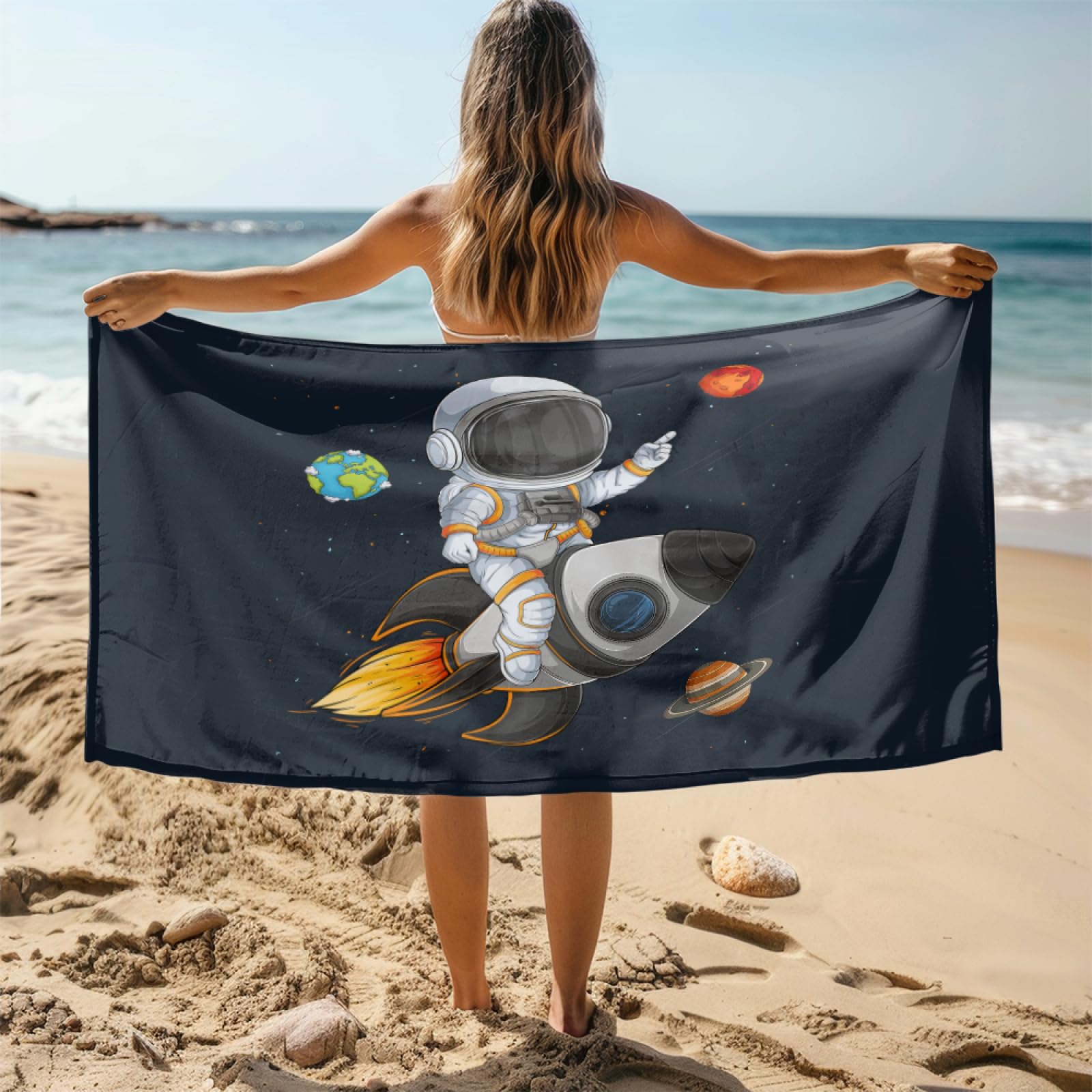 Fouta PlageCostume D'Espace Noir Blanc Modèle Surdimensionné avec Diverses Tailles, Respirante et Portable, Parfaite pour Voyages Sorties Piscine et Usage Extérieur Quotidien 90x160 cm