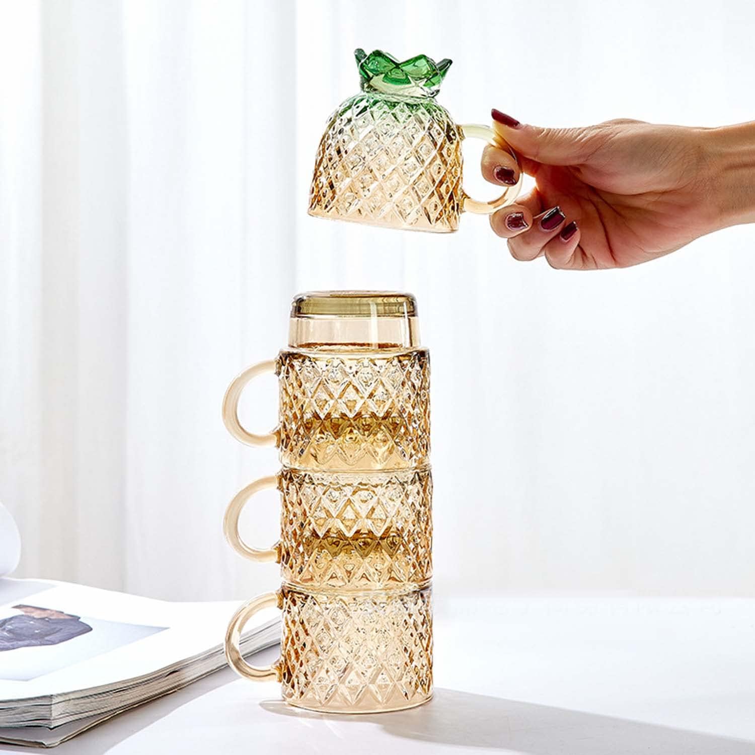 Coffee Mug,Drinking Glasses 4-Piece Set - Fish Type Glass Cups, 7oz Beer Glasses, Tumbler Cup, Cocktail Glasses, Iced Coffee Glasses, Iced Tea Glasses Wine Cups, Goblet Cup Gift For Women(Gold Pineapp