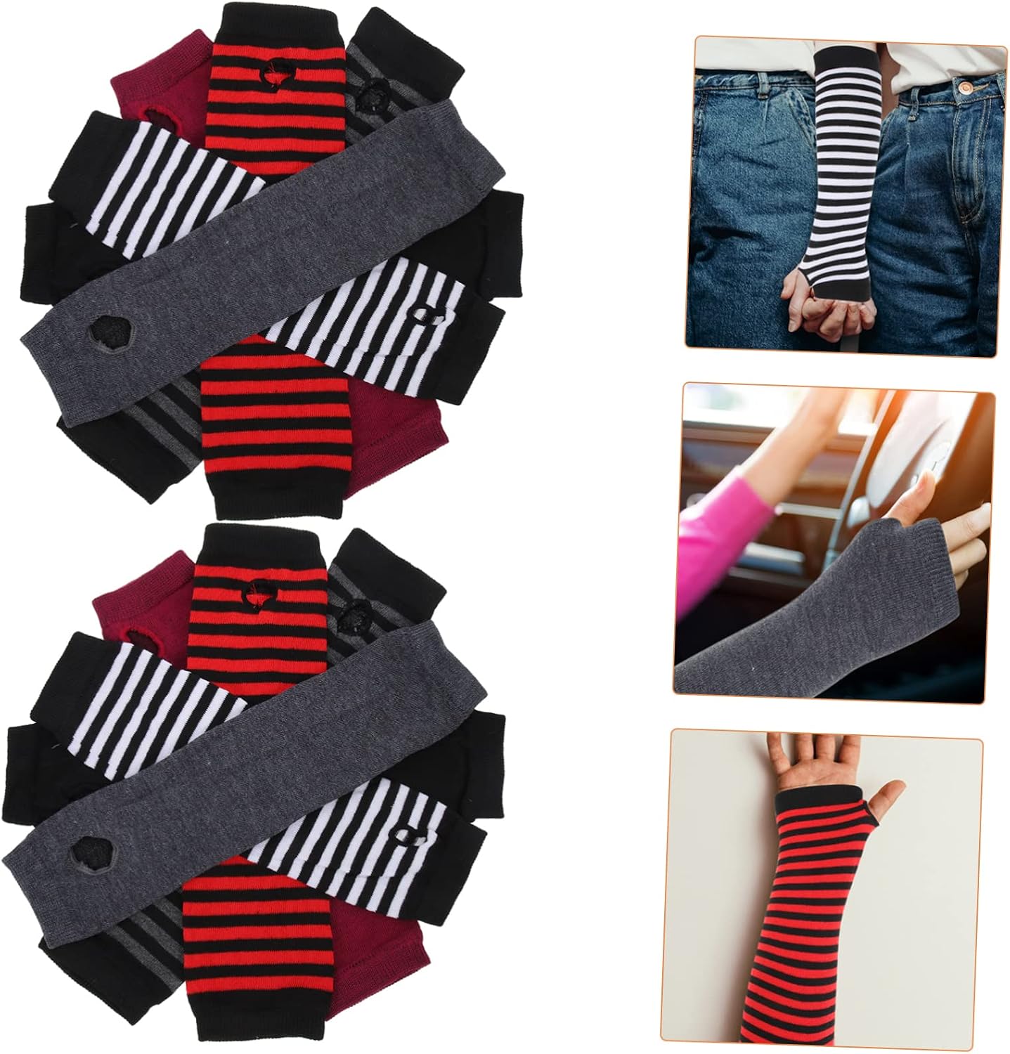 Didiseaon 6pairs Warm Arm Sleeves Long Half-finger Gloves for Women Soft Cotton Blend with Thumb Lightweight and Comfortable for Winter Activities Includes Black Striped and Solid Colors