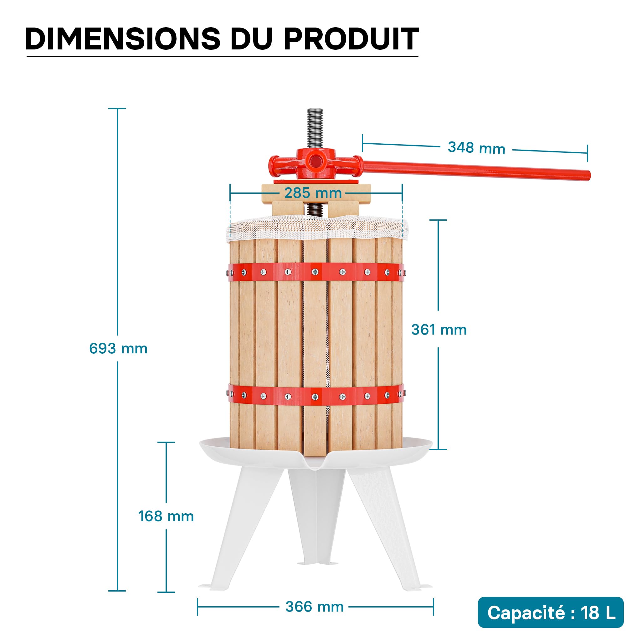 WilTec Kit Presse et Broyeur à Fruits – capacité 7 L / 18 L – avec Entonnoir en Acier, Panier en hêtre et Torchon Sac de filtrage – Pressoir Manuel pour Moût de Pomme Poire Raisins Baies – Vin Cidre