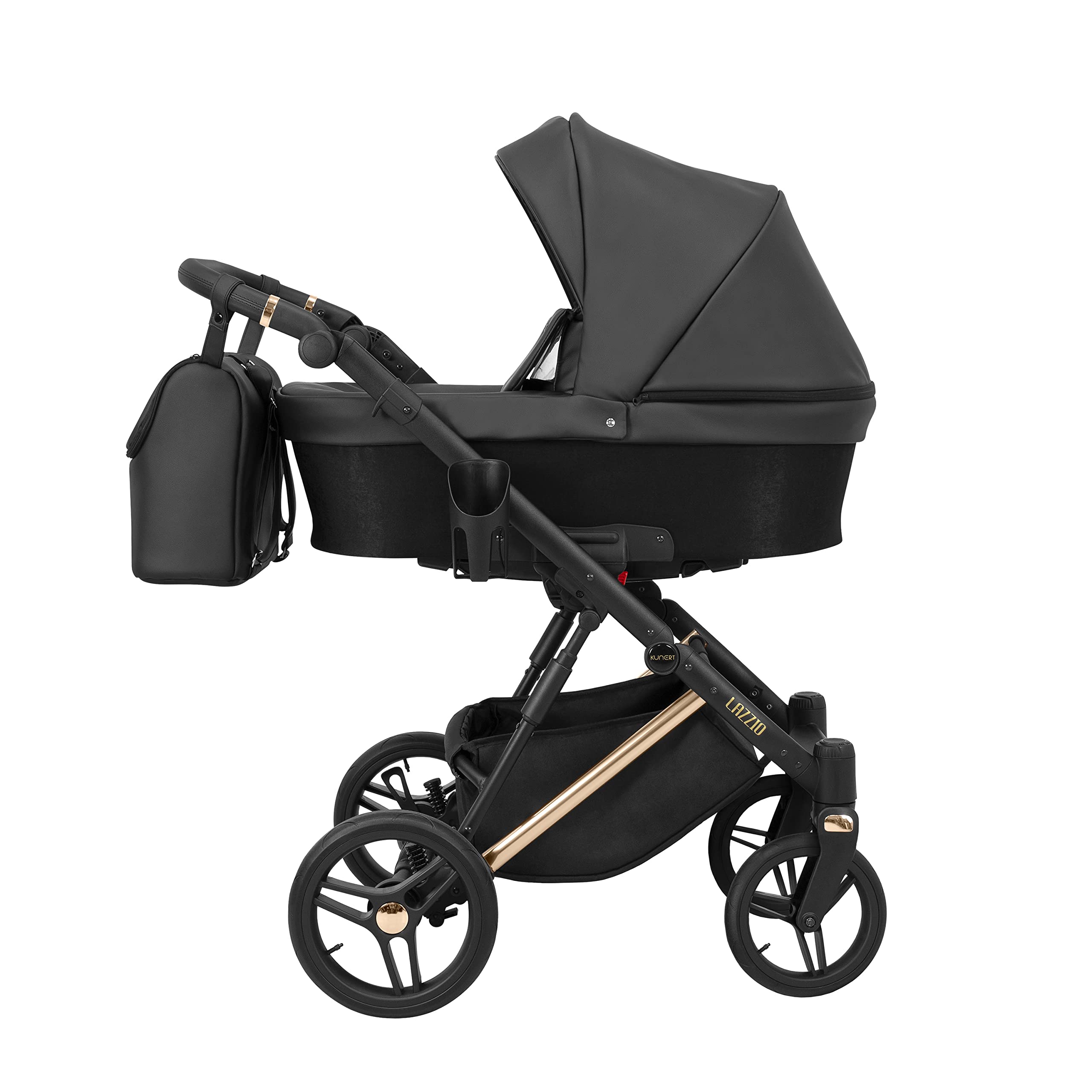 Kunert cochecito de bebé LAZZIO PREMIUM silla de paseo silla de coche asiento de bebé juego completo 2 en 1 y 3 en1 (2en1, negro eco - marco de cobre)