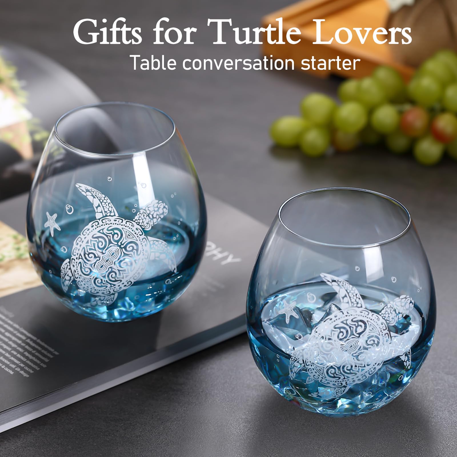 Sea Turtle Weingläser ohne Stiel – Schildkröte Weingläser Set von 4 Stück, Craquelé-Design, Weihnachten, 540 ml (weiß)
