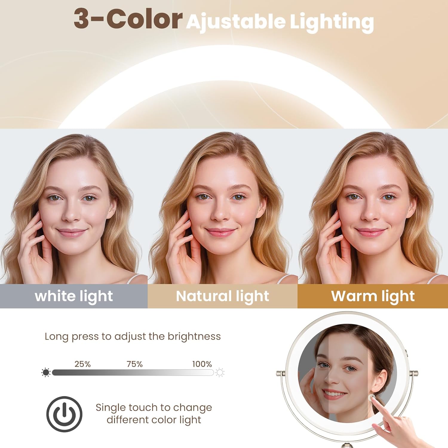 9" Wall Mounted LED Lighted Makeup Vanity Mirror - 4000mAh Rechargeable Double Sided 1X/30X Magnifying Mirror, 3 Color Lights Touch Dimmable, Height Adjustable Extended Arm 360° Swivel Bathroom Mirror