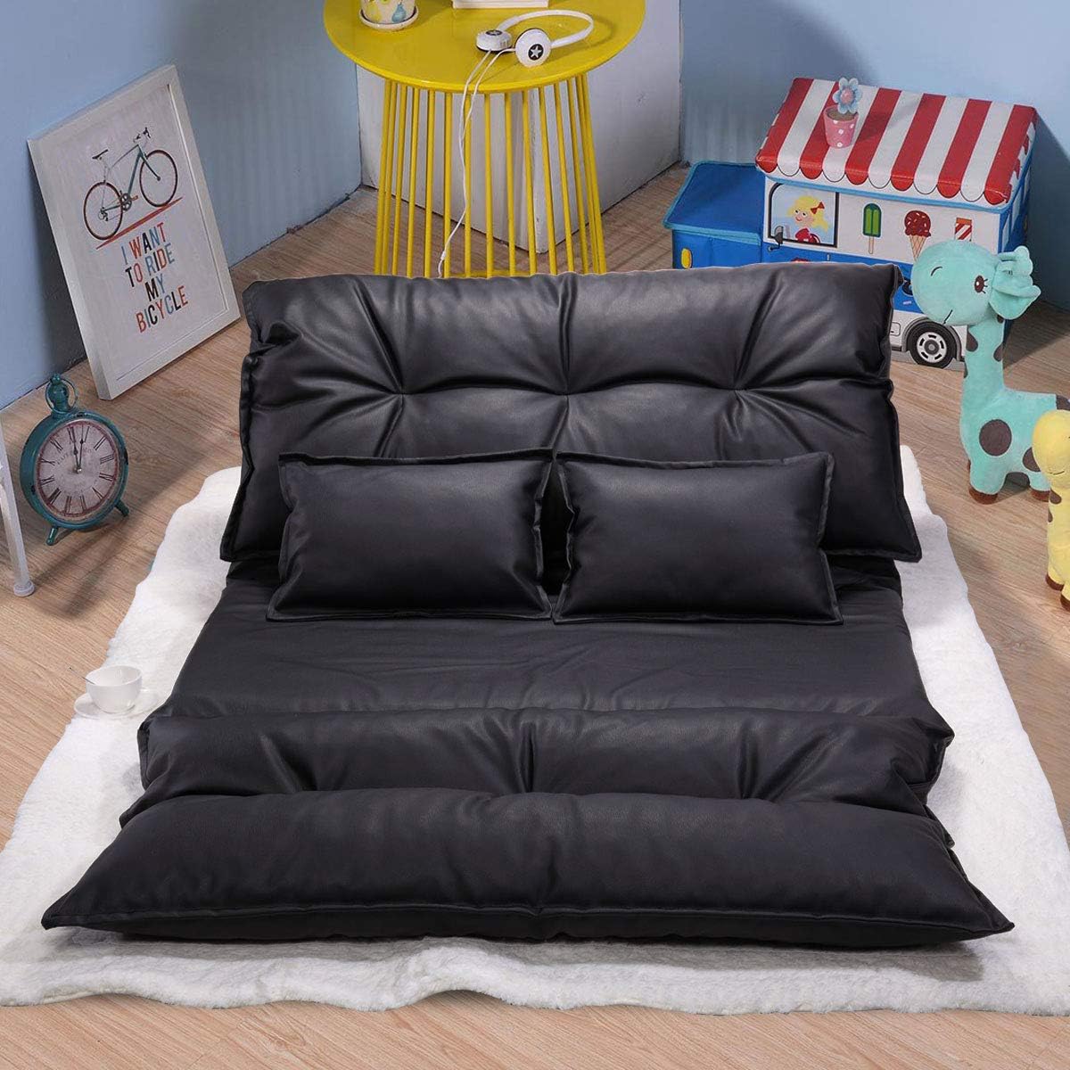 JAXPETY Adjustable Folding Leisure Sofa Bed, Floor Chaise Lounge Sofa Chair with 2 Pillows and 5 Reclining Position, Video Gaming Sofa for Bedroom Living Room (PU Leather, Black): Kitchen & Dining