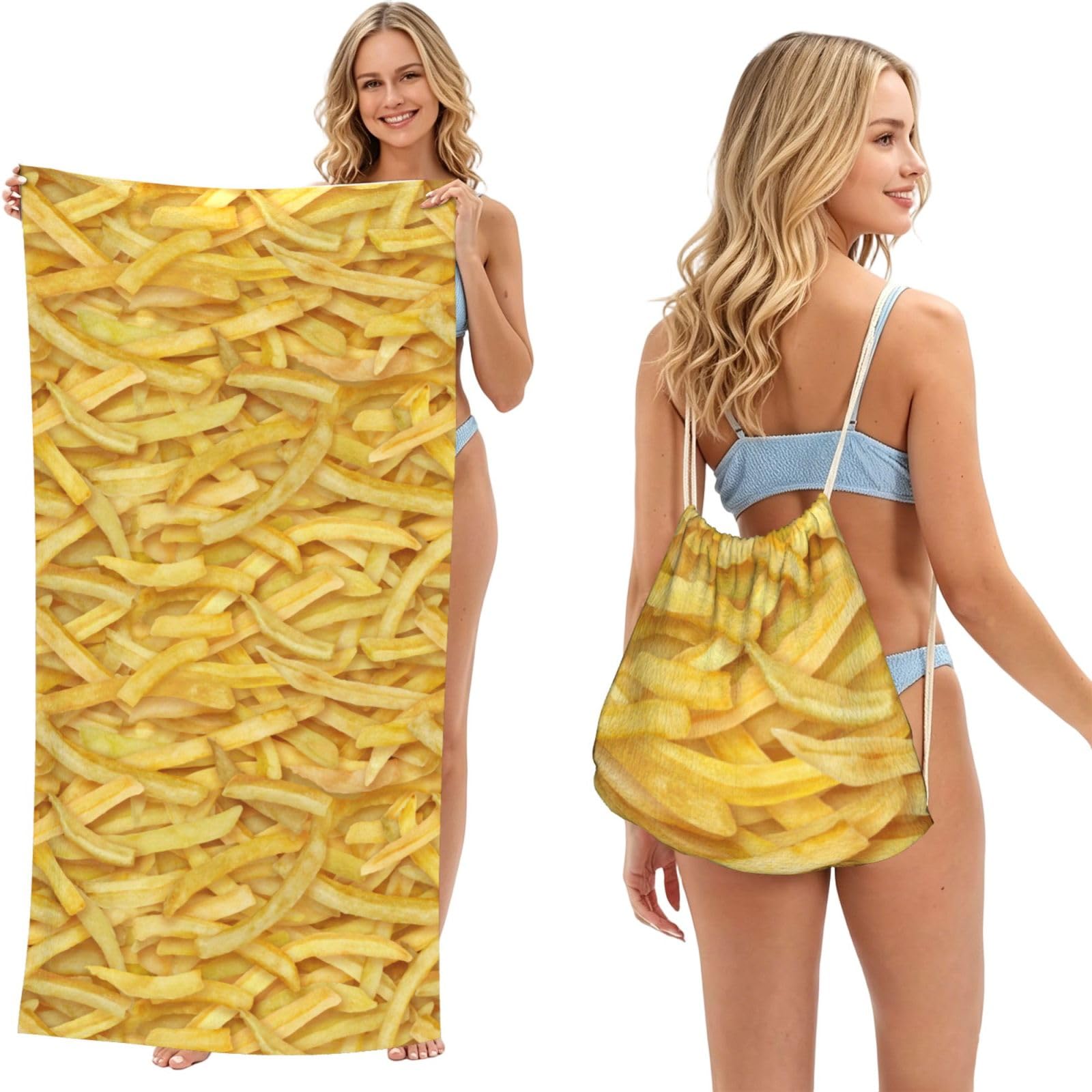 Poadnly As Picture French Fries, 2 In 1 Packable Towel Bag, Beach Towels With Drawstring Backpack For Travel Holiday Camping