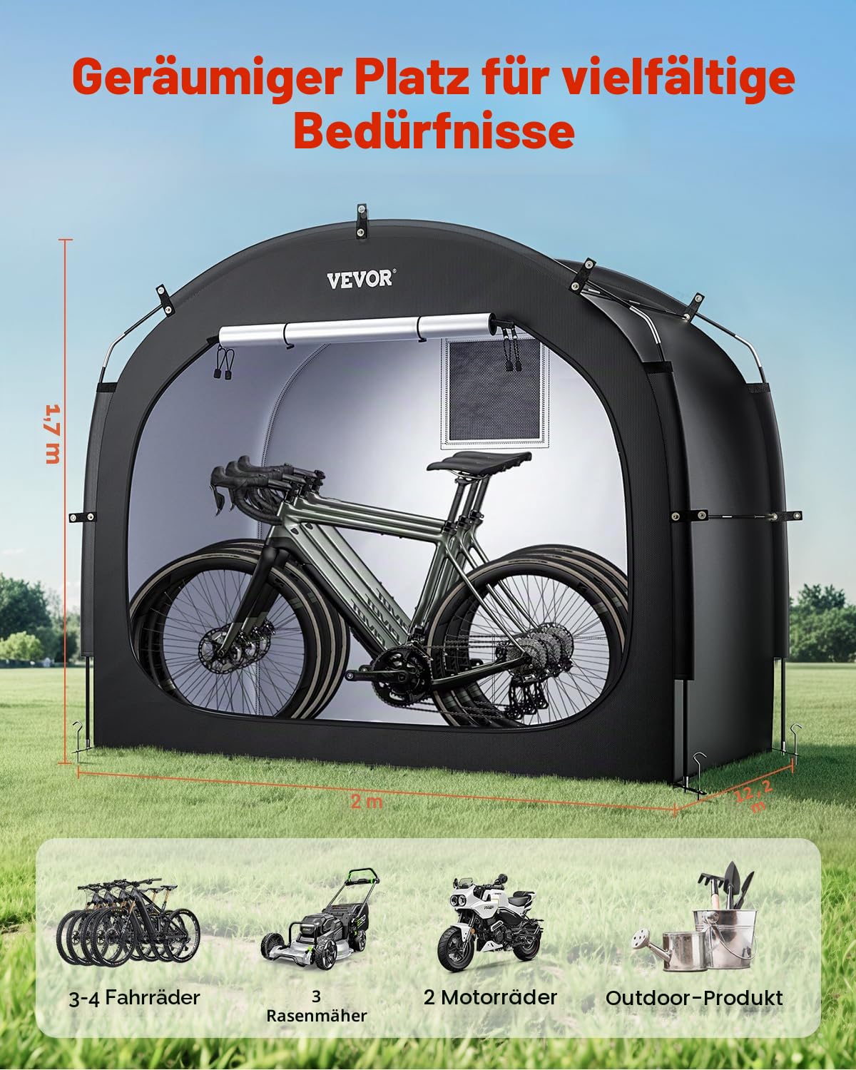 VEVOR Fahrradzelt, 3 bis 4 Fahrräder, geräumige Fahhrradgarage mit belüftetem Fenster, einfach zu installierende Fahrradschuppe mit hochfestem Fiberglas & Doppelreißverschlüssen, 203x122x169 cm
