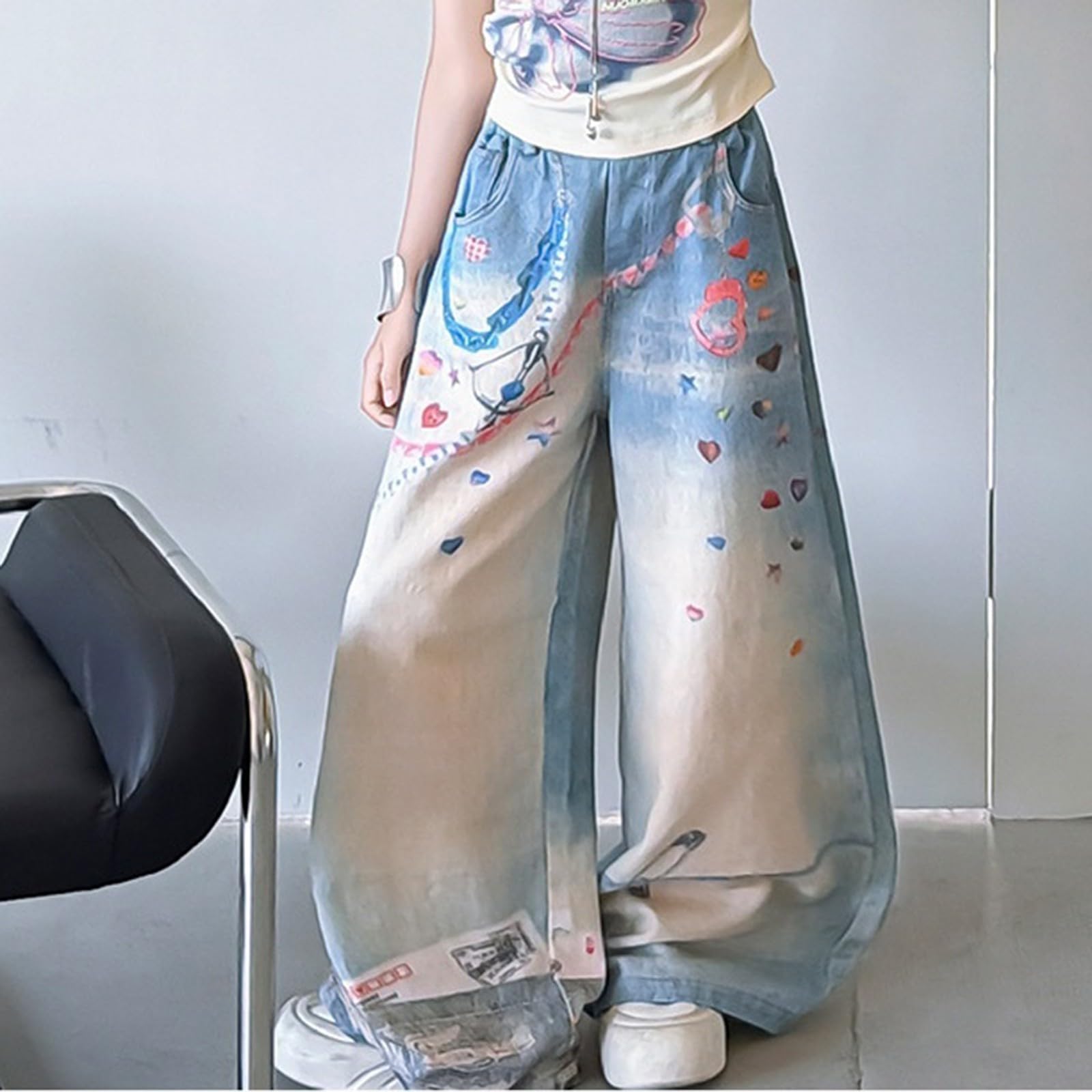 Generisch Mädchen Jeanshose Modische Bedruckte Jeans Beiläufige Lange Hosen Print Straight Lockere Passform Pants Freizeithose Y2K Streetstyle Streetwear Denimhose