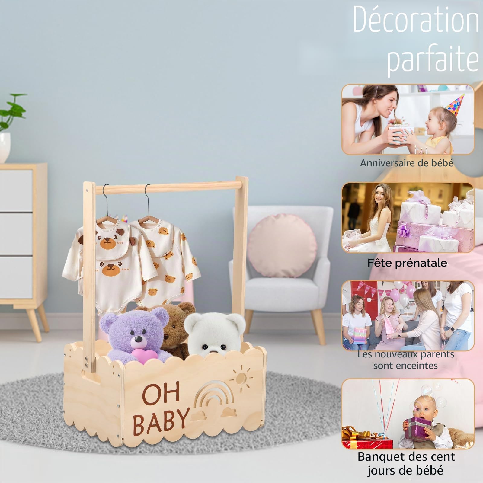 Cadeau de fête prénatale avec poignée, en bois, 34 x 22,8 x 17,5 cm, panier de rangement décoratif, cadeau pour anniversaire, fête prénatale, nouveau-né, nouveaux parents (A)