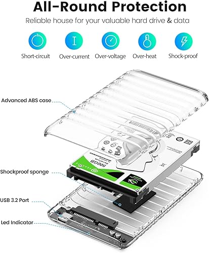 Vista 5 de ORICO Caja de disco duro de 2.5 pulgadas USB C a SATA III 5Gbps transparente para todos los discos duros SATA SSD HDD SATA de 0.276 in, 0.374 in