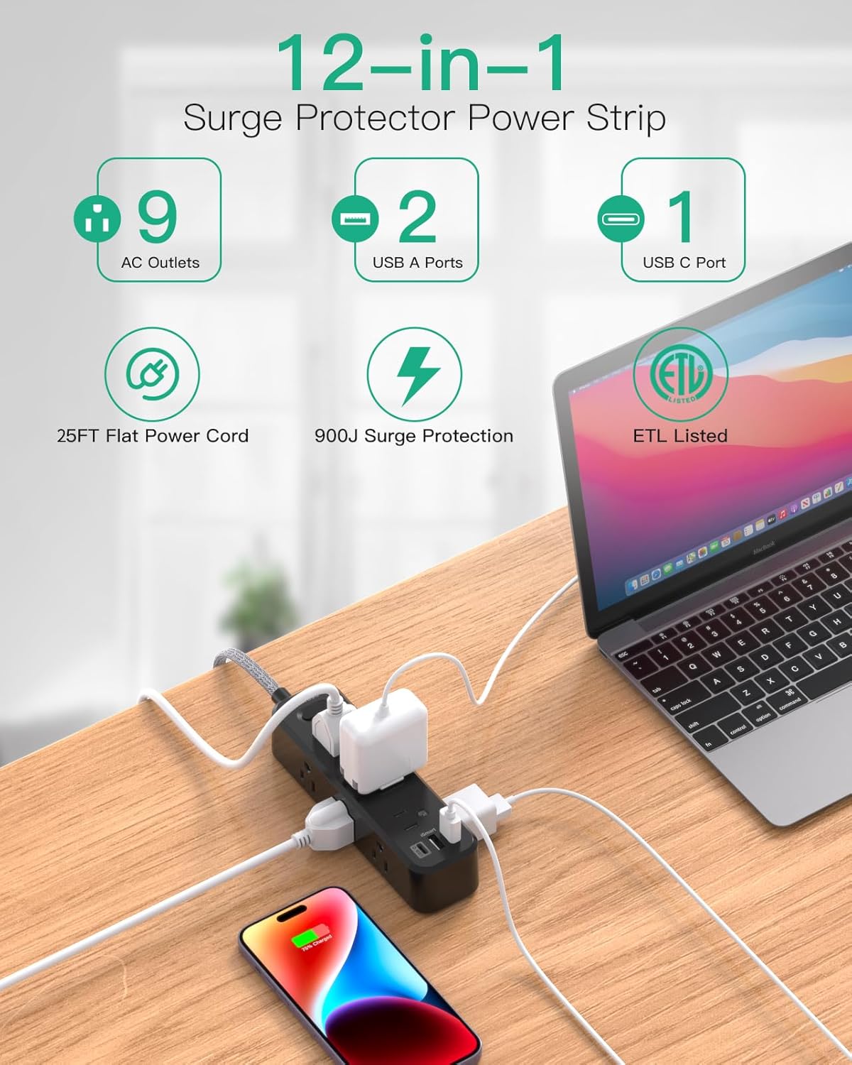 Mifaso Extension Cord, Surge Protector Power Strip, Long Power Strip with 9 Outlets 3 USB Ports, Extension Cord with Multiple Outlets, USB Power Strip for Dorm Room Essentials, College (25FT,Black)