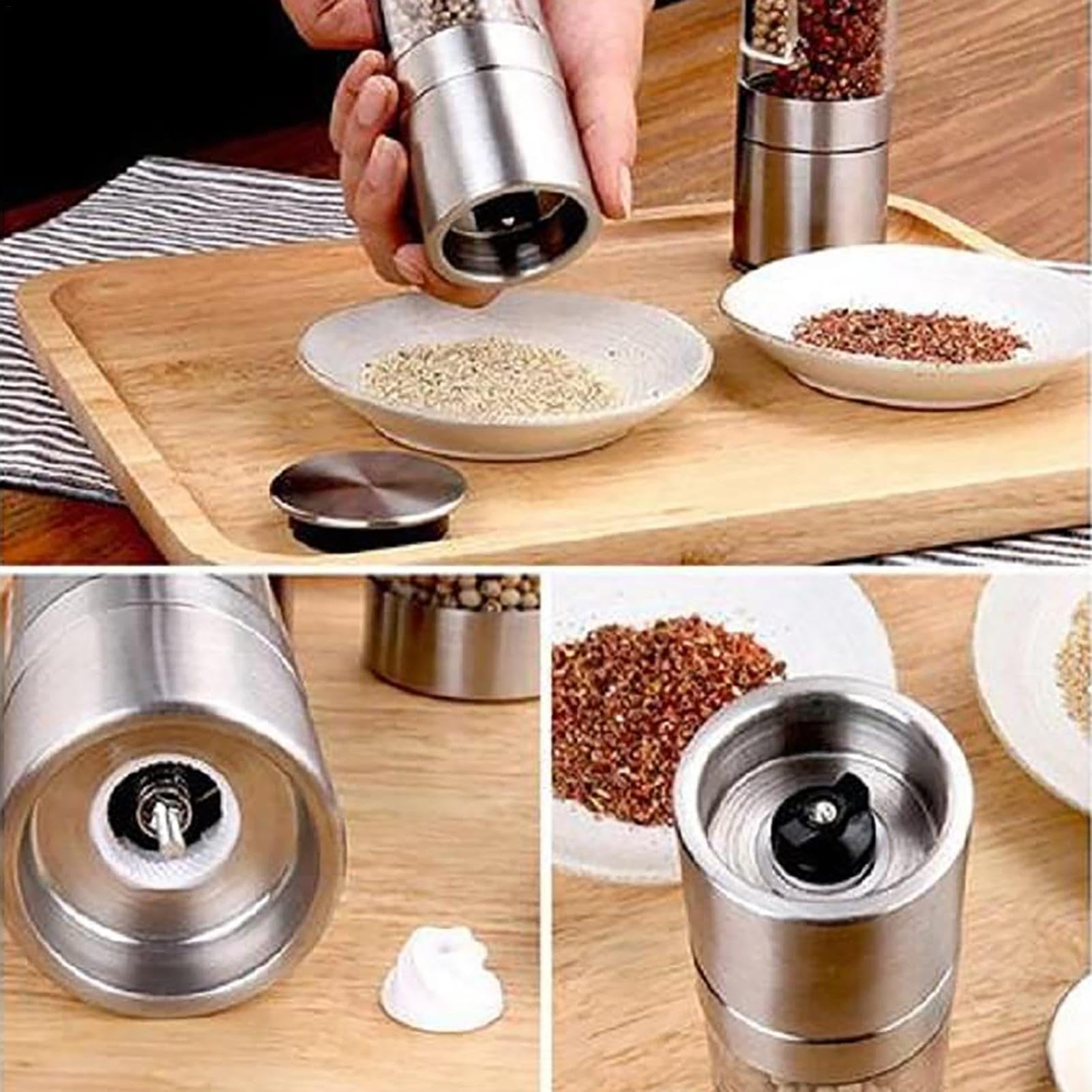 Salt And Pepper Mills - Onee Handed Salt And Pepper Mill, Manual Pressing Salt And Pepper Grinder | Salt Pepper Grinders With Button Tops, Stainless Steel Base And Rod Thumb Pepper Grinder