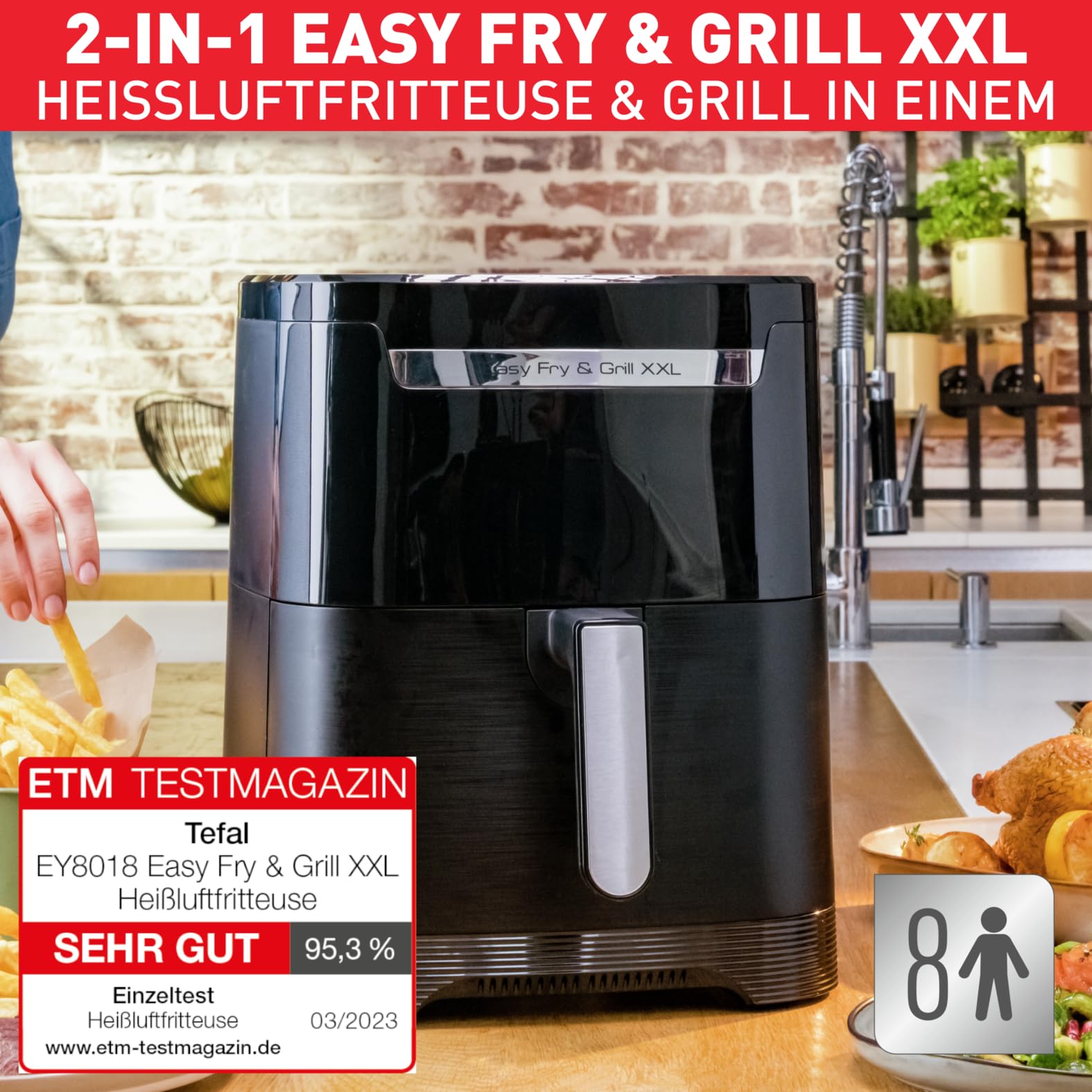 Tefal Easy Fry & Grill XXL Heißluftfritteuse 6,5 L – Airfryer mit Flexcook-Trennwand (XXL oder geteilt), 8 Programme, 80–220 °C, Druckguss-Grillplatte, fettarm frittieren, spülmaschinenfest EY8018