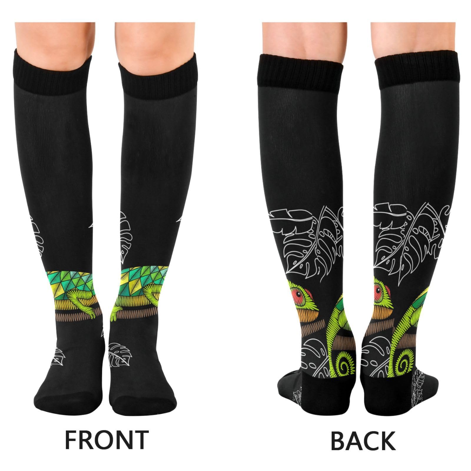 1 Pair Unisex Compression Crew Knee Soft Circulation Socks High Sock Long Athletic for Running,Travel,Cycling Print Embroidery Green Chameleon On Trunk Leaves On Black