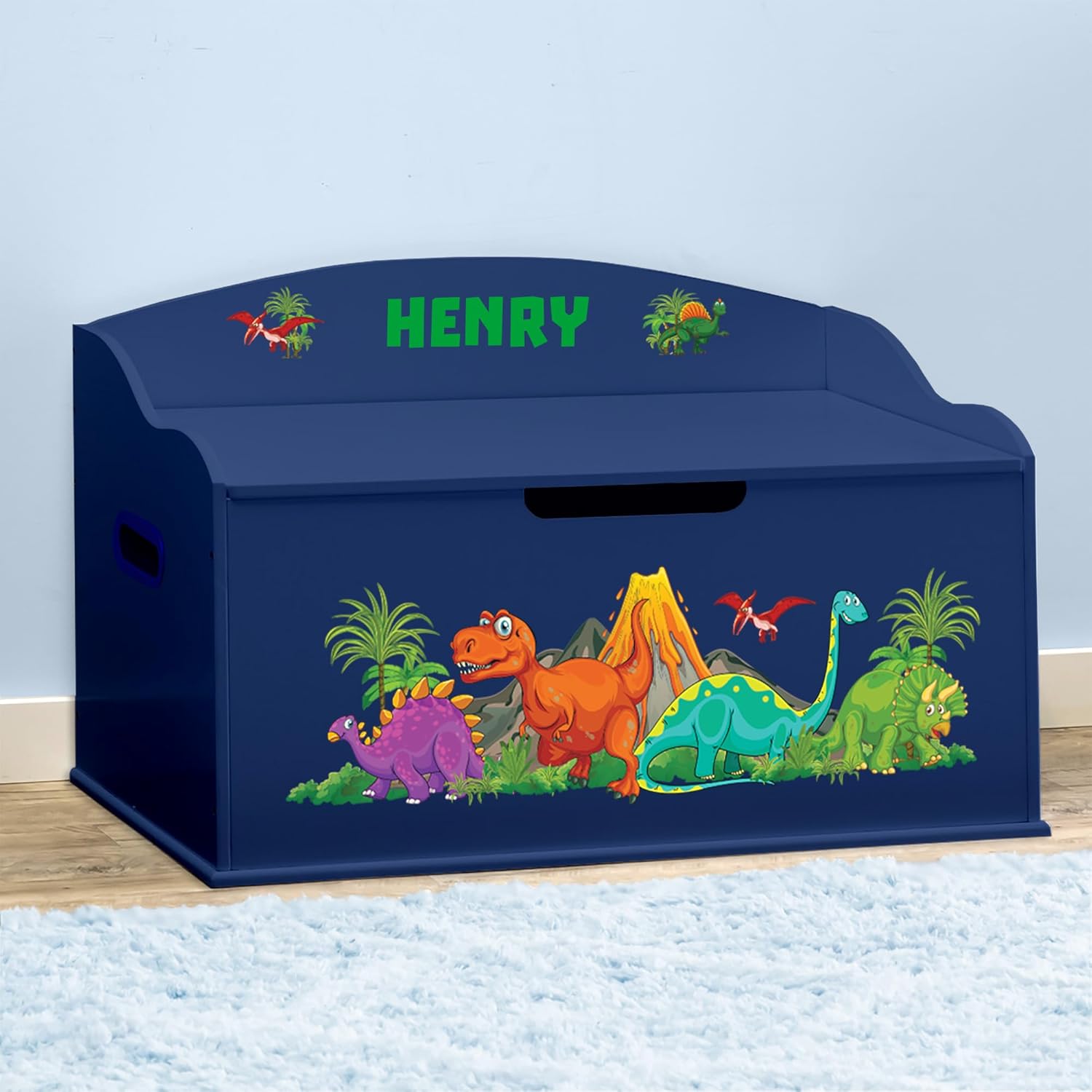 DIBSIES Personalized Creative Wonders Toy Box, Dinosaurs, 30 x 19.25 x 18 inches, Soft-Close Lid (Blue)