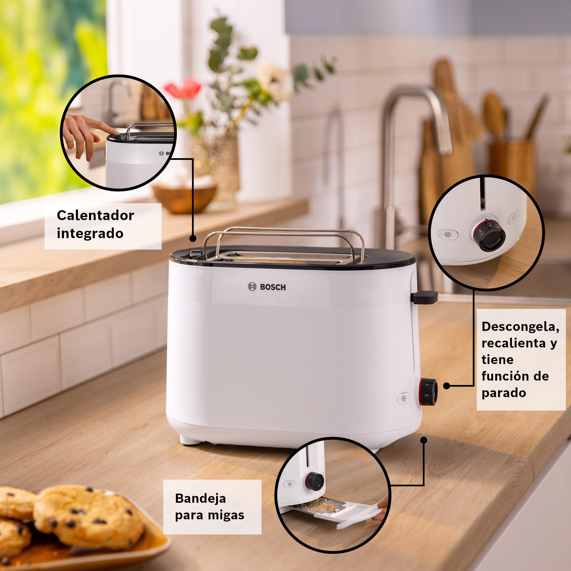 Bosch - Tostadora, MyMoment, 2 ranuras, Recalienta, Descongela, High-lift, Blanco, TAT2M12