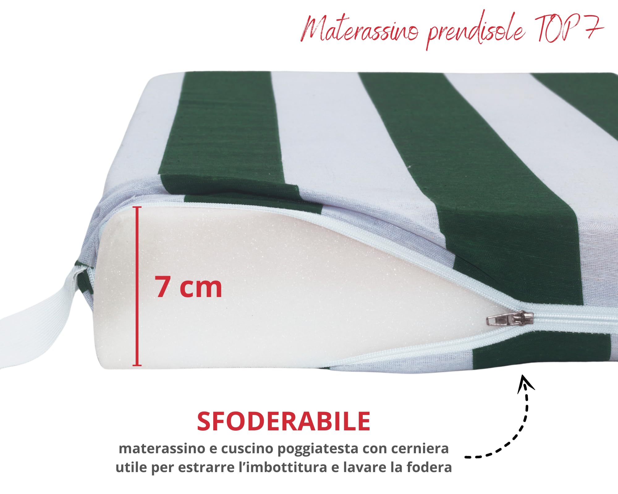 Tata Home Cuscino Per Lettino Prendisole Sfoderabile con Poggiatesta Materassino Prendisole Imbottito Con Laccetti Lavabile Misura 60x200 cm a Righe Made in Italy Mod. Top7 Colore Verde