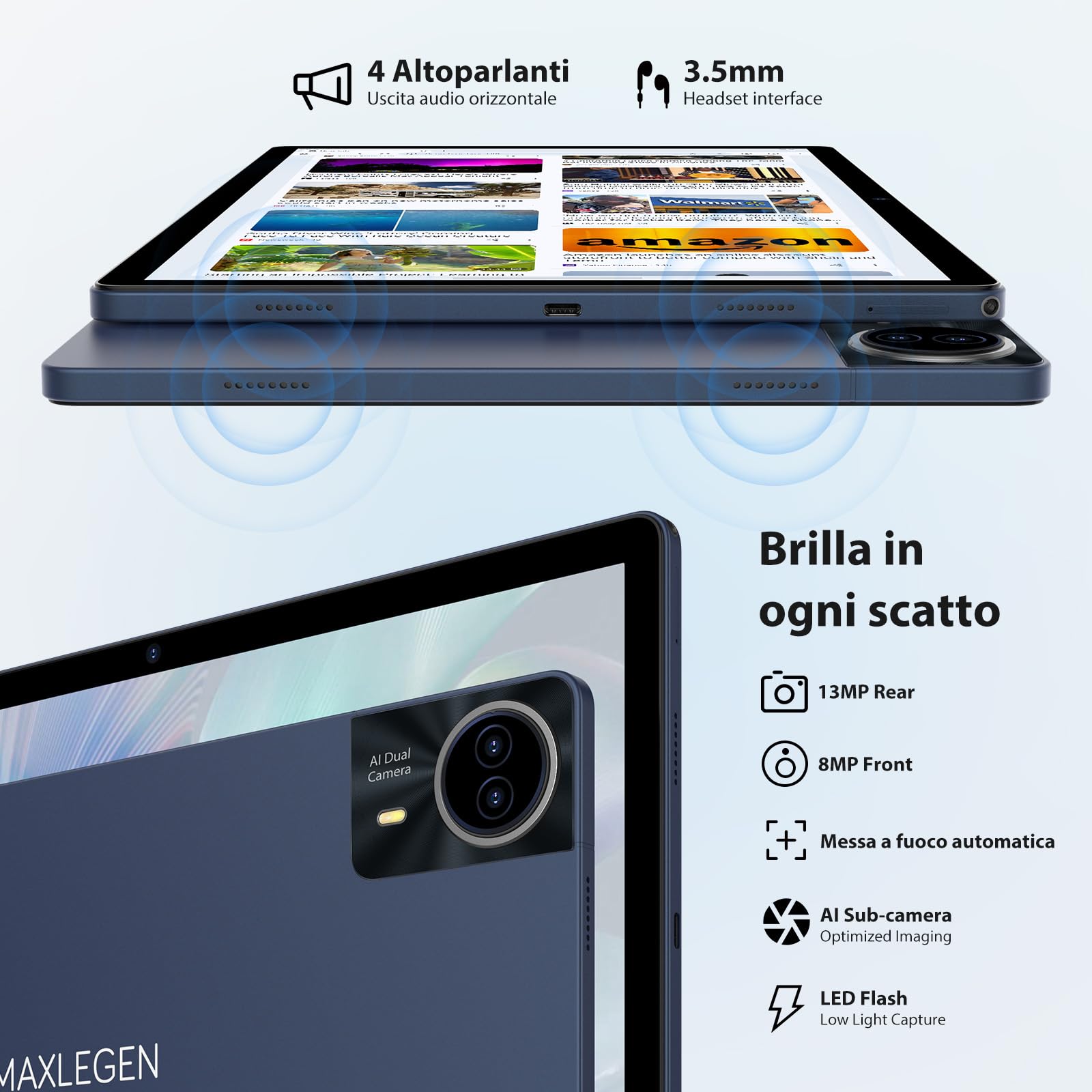 MAXLEGEN A Tablet 14 Pollici, Display 2,5K Incell, 36GB RAM+256GB ROM/TF 1TB, 4G LTE+5G WiFi, Android 15, Octa Core 2.0Ghz/4 Altoparlanti/11580 mAh/BT5.0/GMS/GPS, Tablet con Pen/Custodia/Auricolare