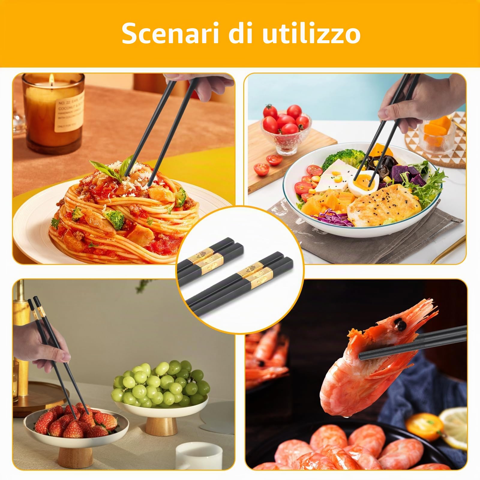 10 Paia Bacchette Sushi in Lega Lavabili in Lavastoviglie, Riutilizzabili, Giapponesi Cinesi, Chopsticks Antiscivolo per Piatti Asiatici - Nere
