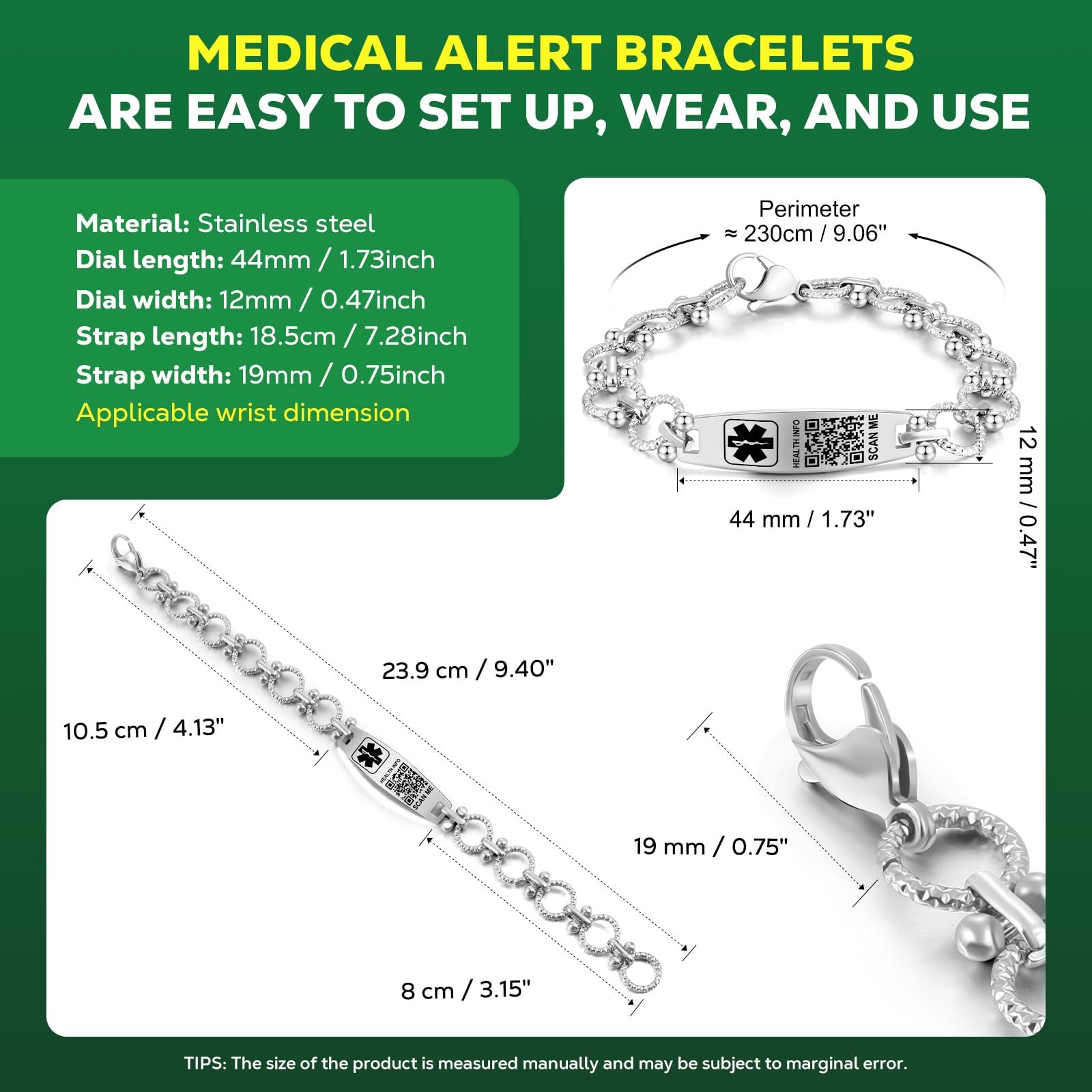 Verbessertes QR-Code-Armband für Damen, medizinisches Notfall-Armband, Sterlingsilber, 17,8 cm ~ 22,9 cm Kettenglieder, mehr Platz sparen und ändern, Notfall-Med-Info
