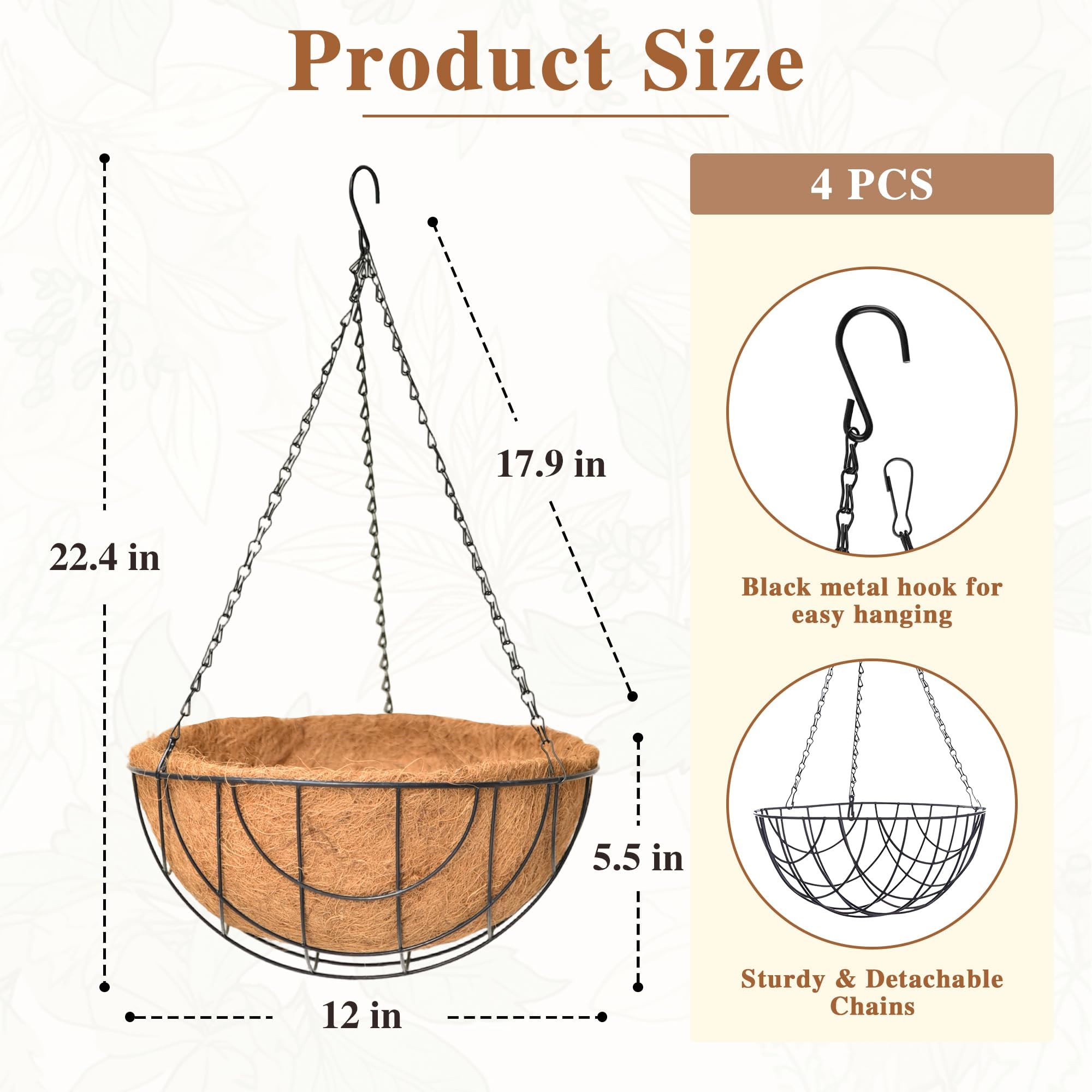Paquete de 4 macetas colgantes para plantas al aire libre de 12 pulgadas, cesta colgante de metal con forro de coco de coco redondo, soporte para plantas, macetas de cadena para flores, decoración de
