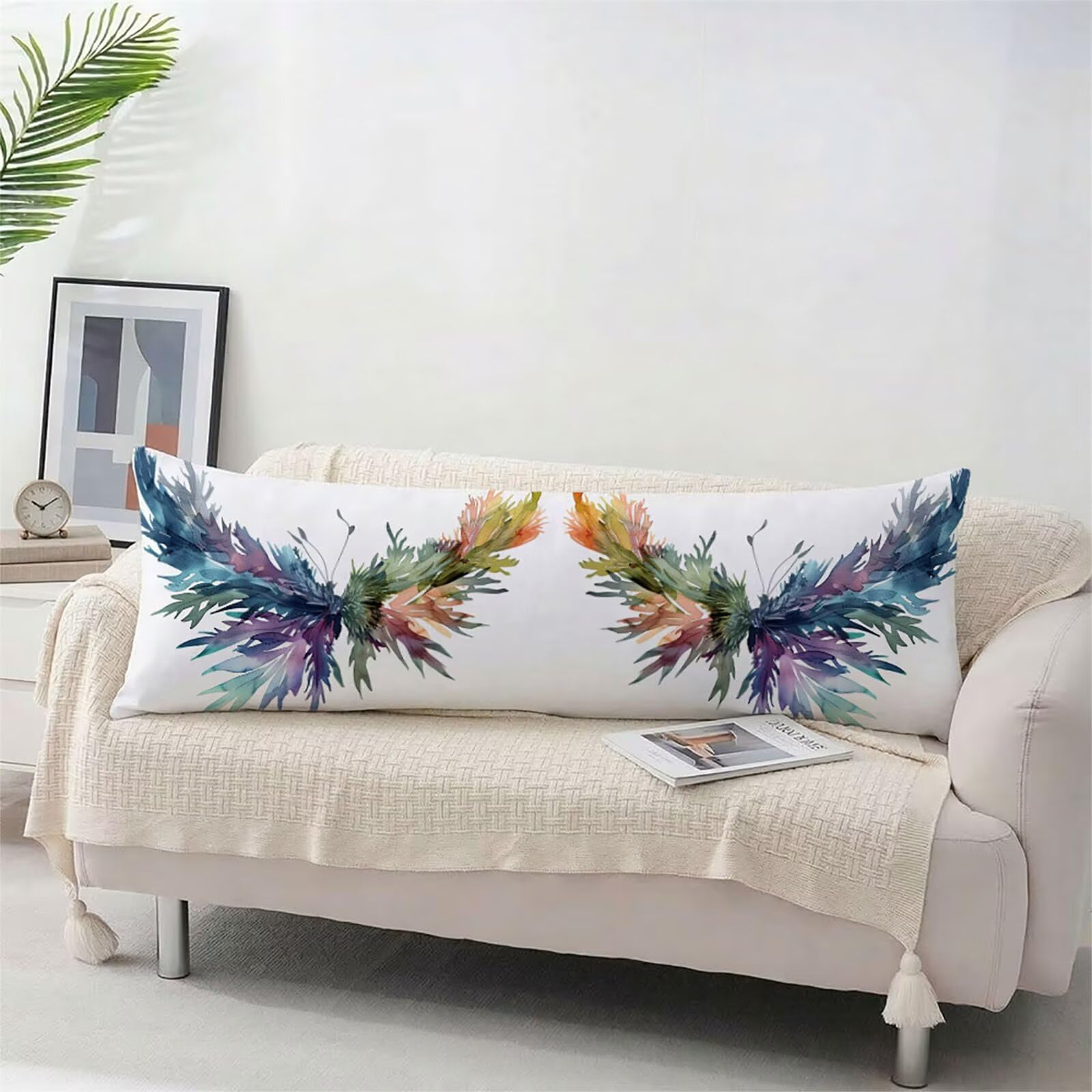 Poduszka do spania na boku, 60 x 180 cm, biała, lniana poszewka na poduszkę, poduszka do spania na boku, abstrakcyjna poszewka na poduszkę, dwustronny nadruk z zamkiem błyskawicznym, dekoracja salonu