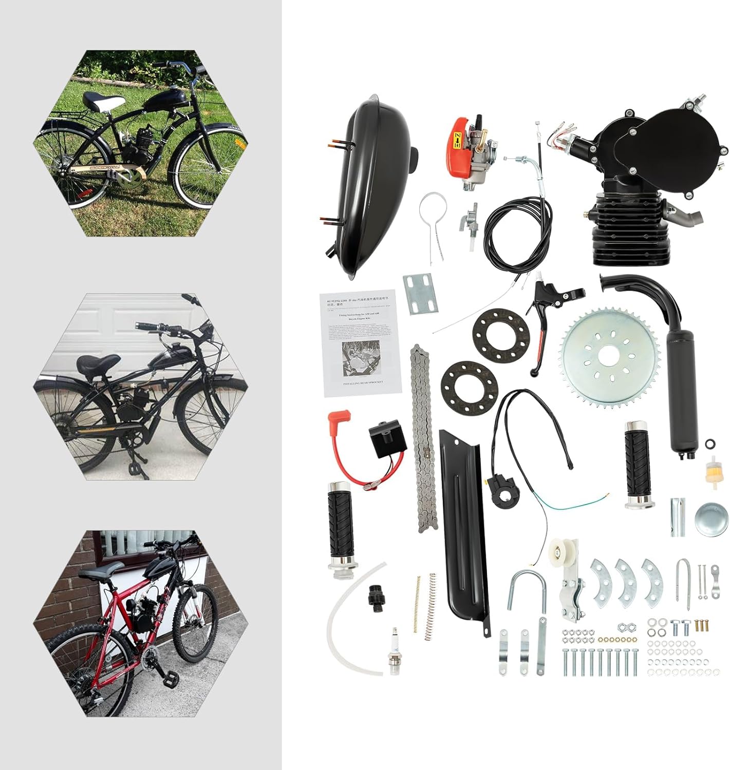 Upgrade 110CC Bicycle Engine Kit 2 Stroke Motorized Bike Kit Gas Powered Engine Motor Kit with CDI System Foot Pedal Start Bike Kit for 26/28" Bikes (Black)