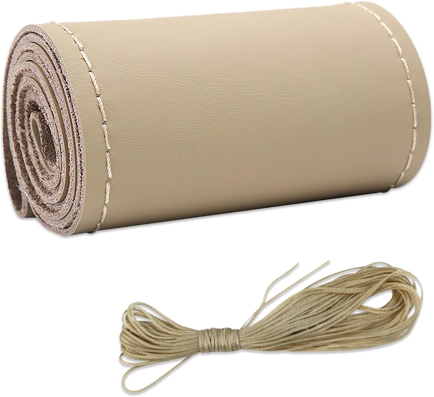 Leather Steering Wheel Cover, DIY Sewing with Needle & Thread, Breathable Anti-Slip Car Steering Wheel Protector, Universal 15 Inch Auto Steering Wheel Stitch on Wrap (Beige, Glossy)